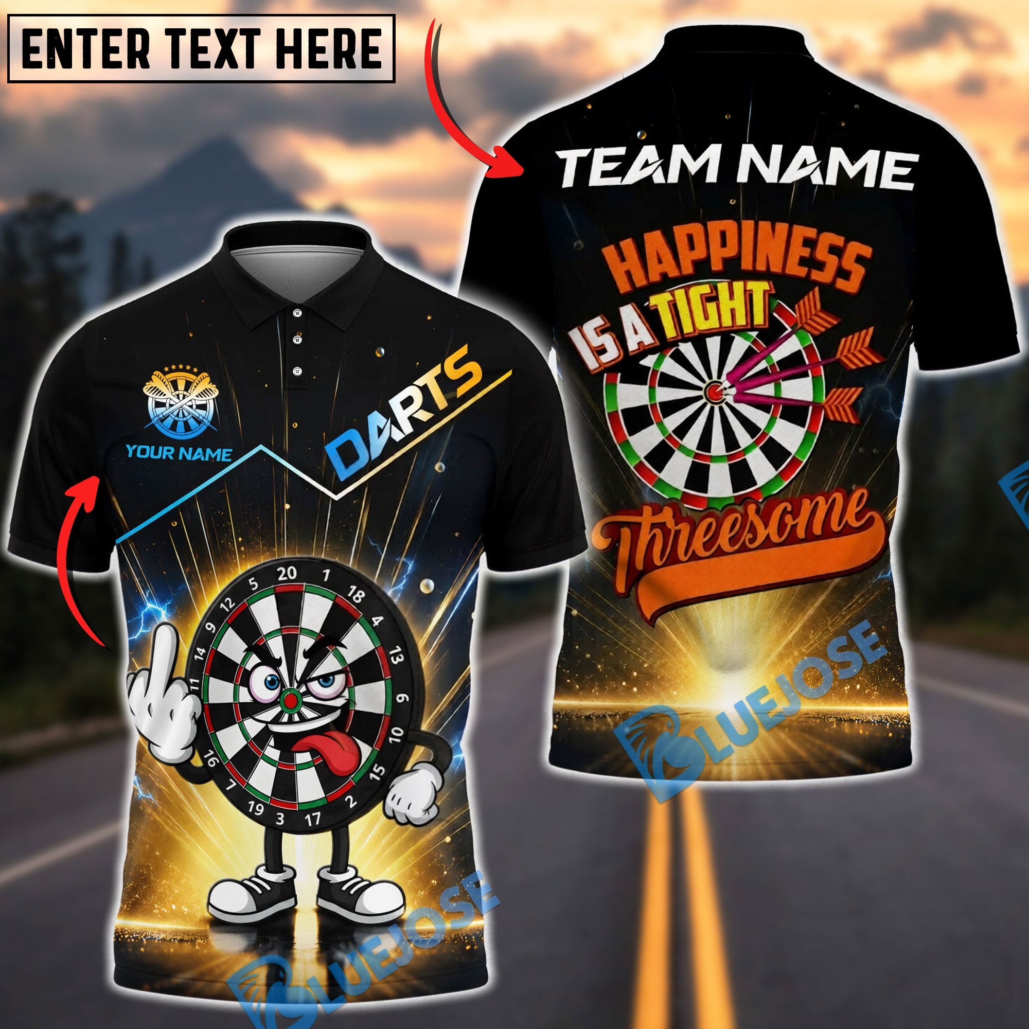 BlueJose Darts Cartoon Dartboard Middle Finger And Happiness Is A Tight Threesome 2 Personalized Name Shirt