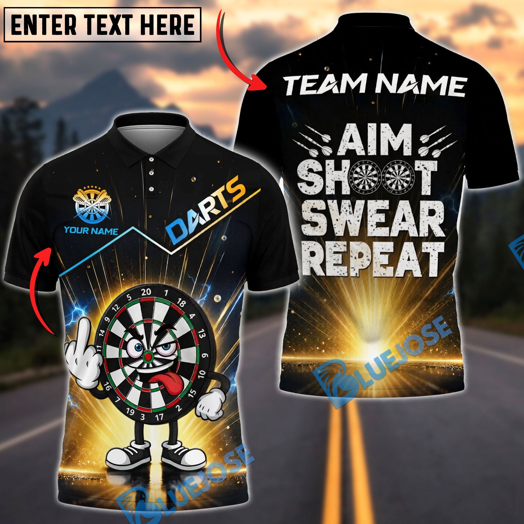 BlueJose Darts Cartoon Dartboard Middle Finger And Aim Shoot Swear Repeat Personalized Name Shirt
