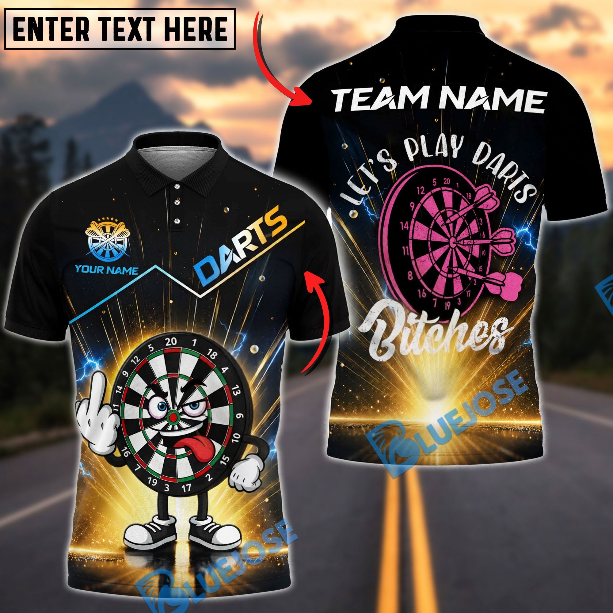 BlueJose Darts Cartoon Dartboard Middle Finger And Let‚Äôs Play Darts Bitches Personalized Name Shirt