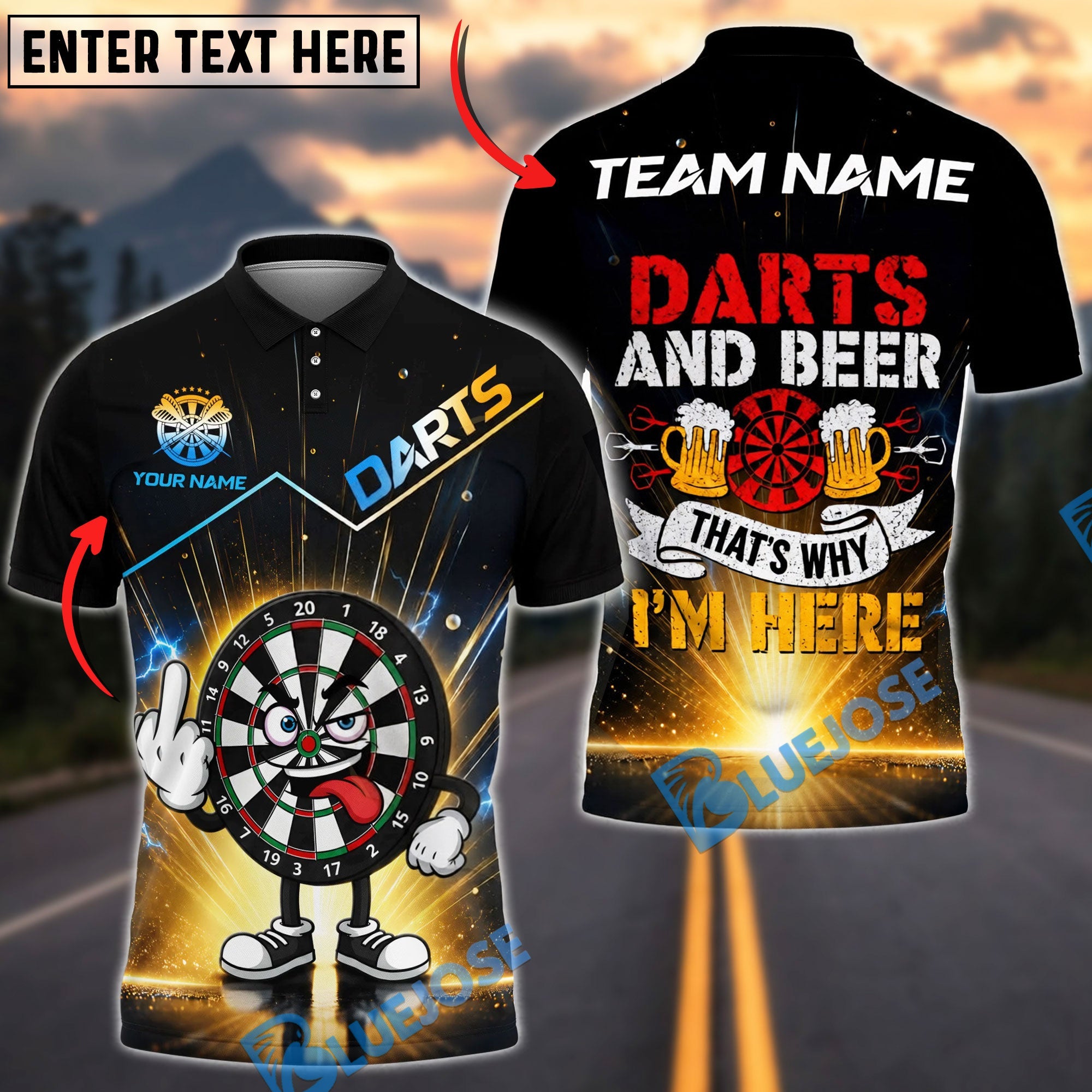 BlueJose Darts Cartoon Dartboard Middle Finger And Darts And Beer That‚Äôs Why I‚Äôm Here Personalized Name Shirt