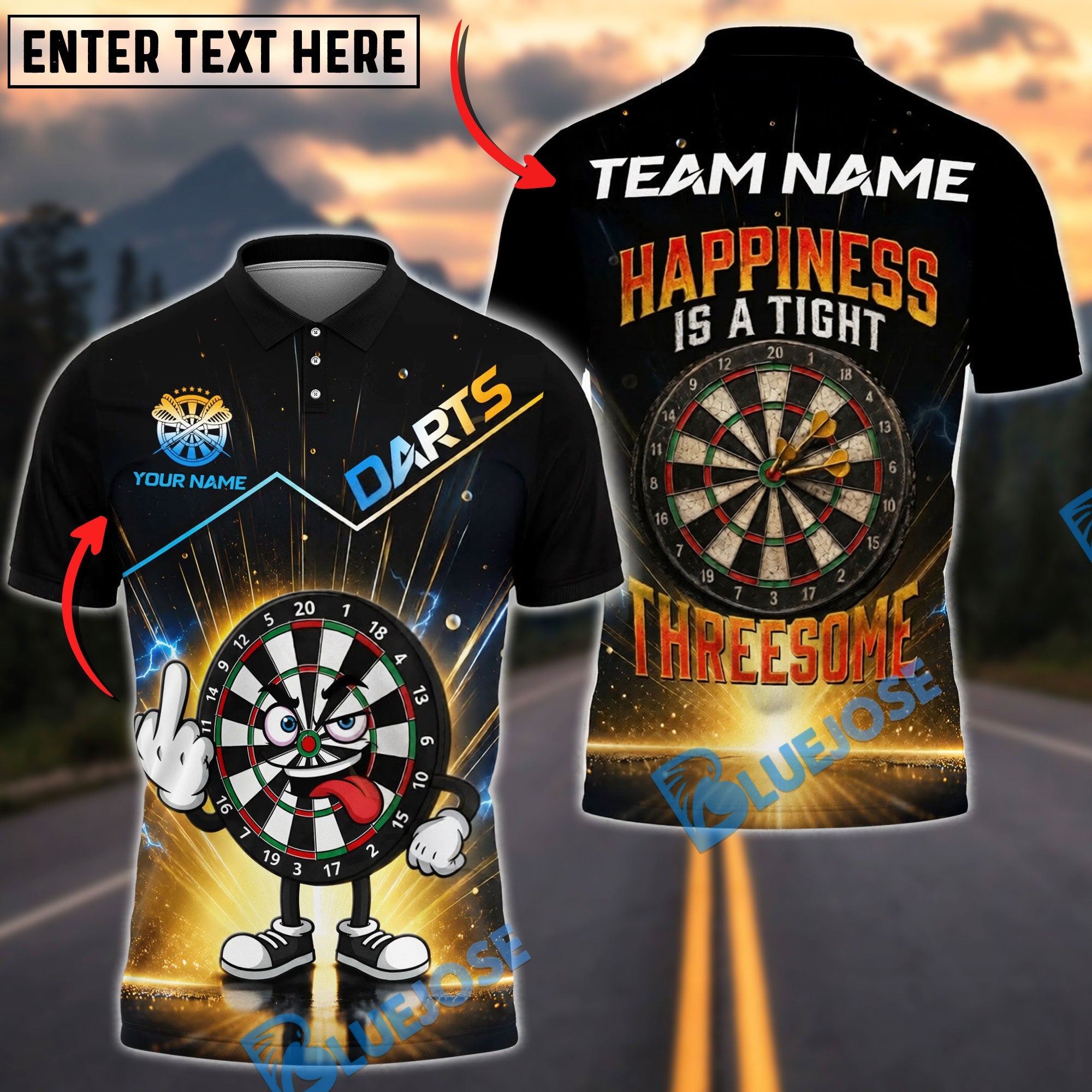 BlueJose Darts Cartoon Dartboard Middle Finger And Happiness Is A Tight Threesome Personalized Name Shirt