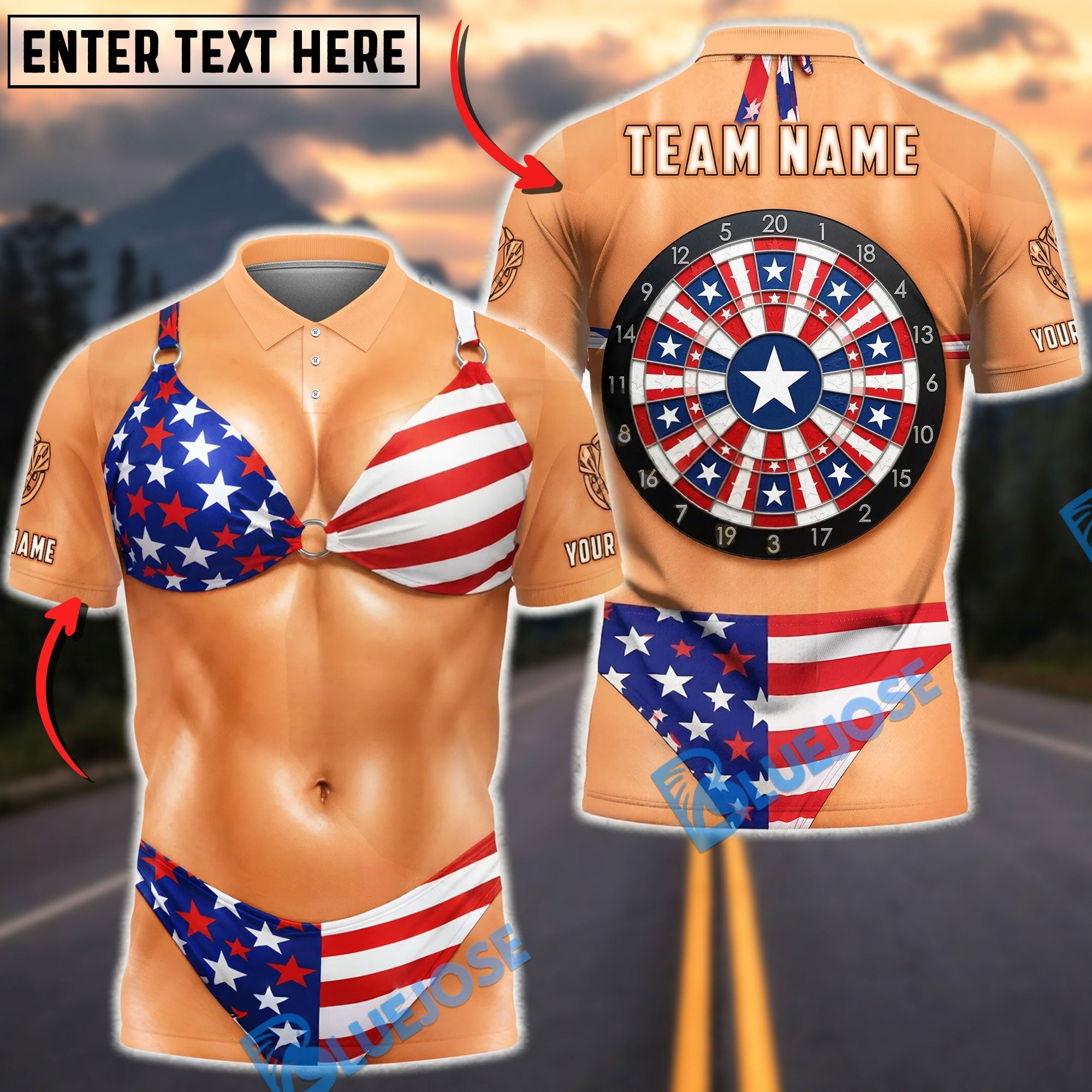 BlueJose Darts American Flag Dartboard Bikini Personalized Name Shirt