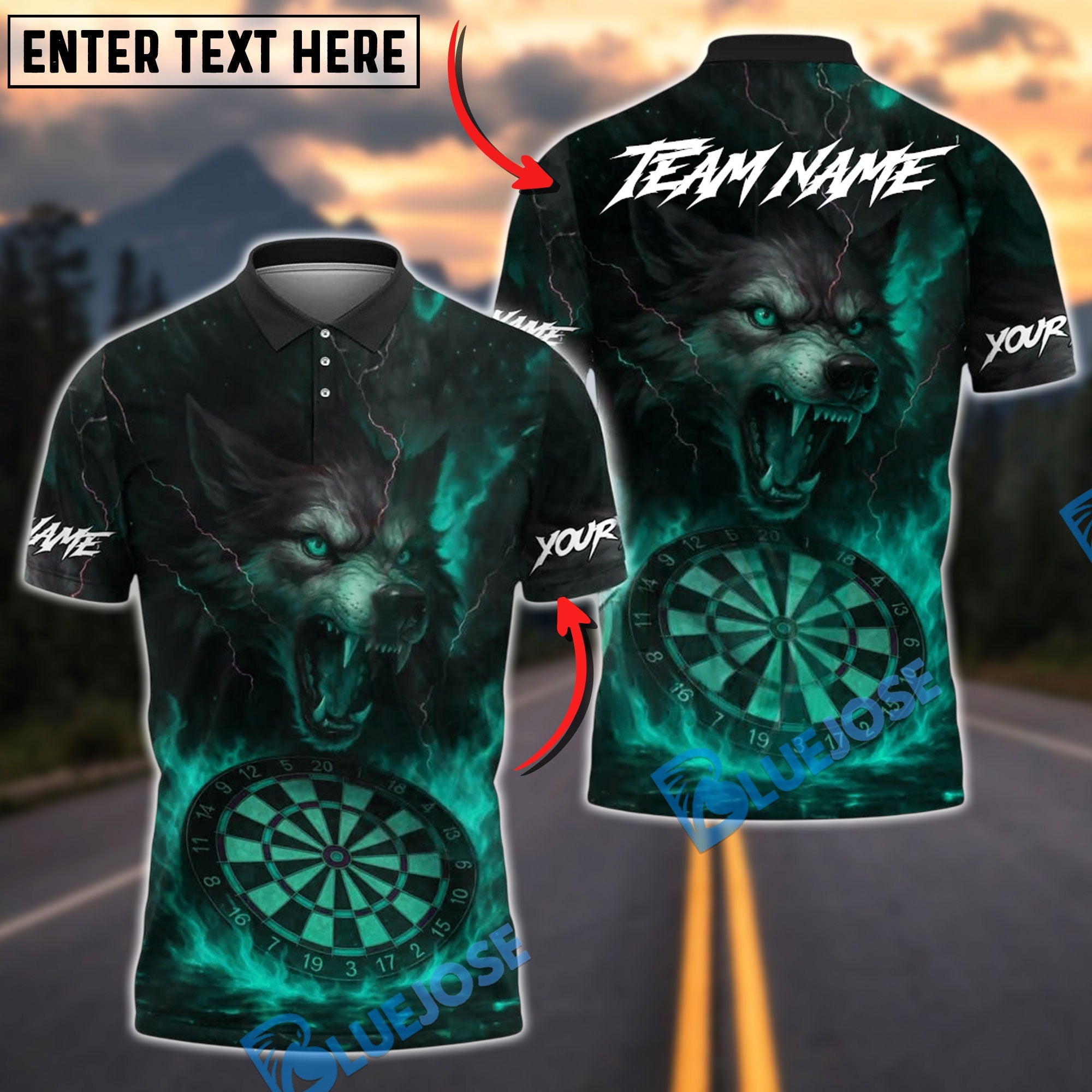 BlueJose Darts Wolf Fire Fury Customized Name, Team Name 3D Shirt (4 Colors)