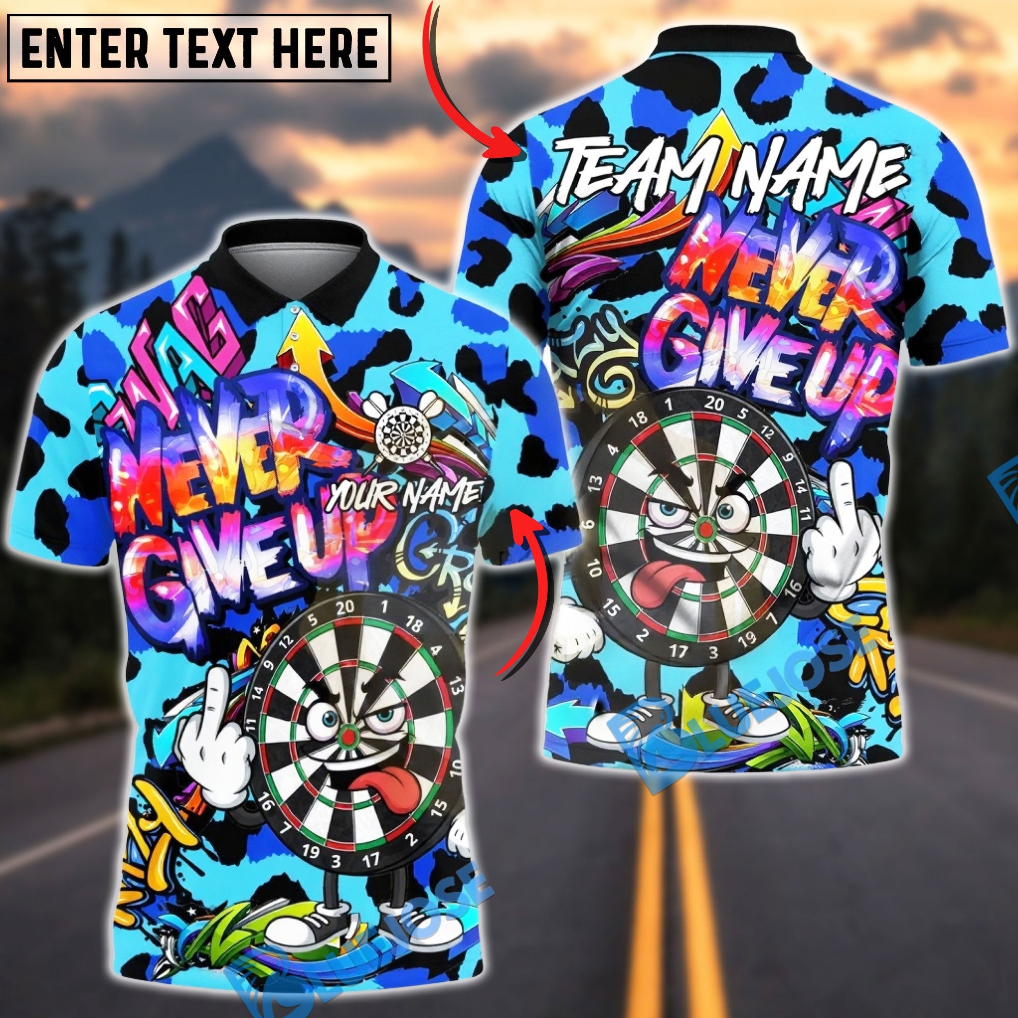 BlueJose Darts Graffiti Never Give Up Character Leopard Skin Multicolor Options Personalized Name Shirt (5 Colors)