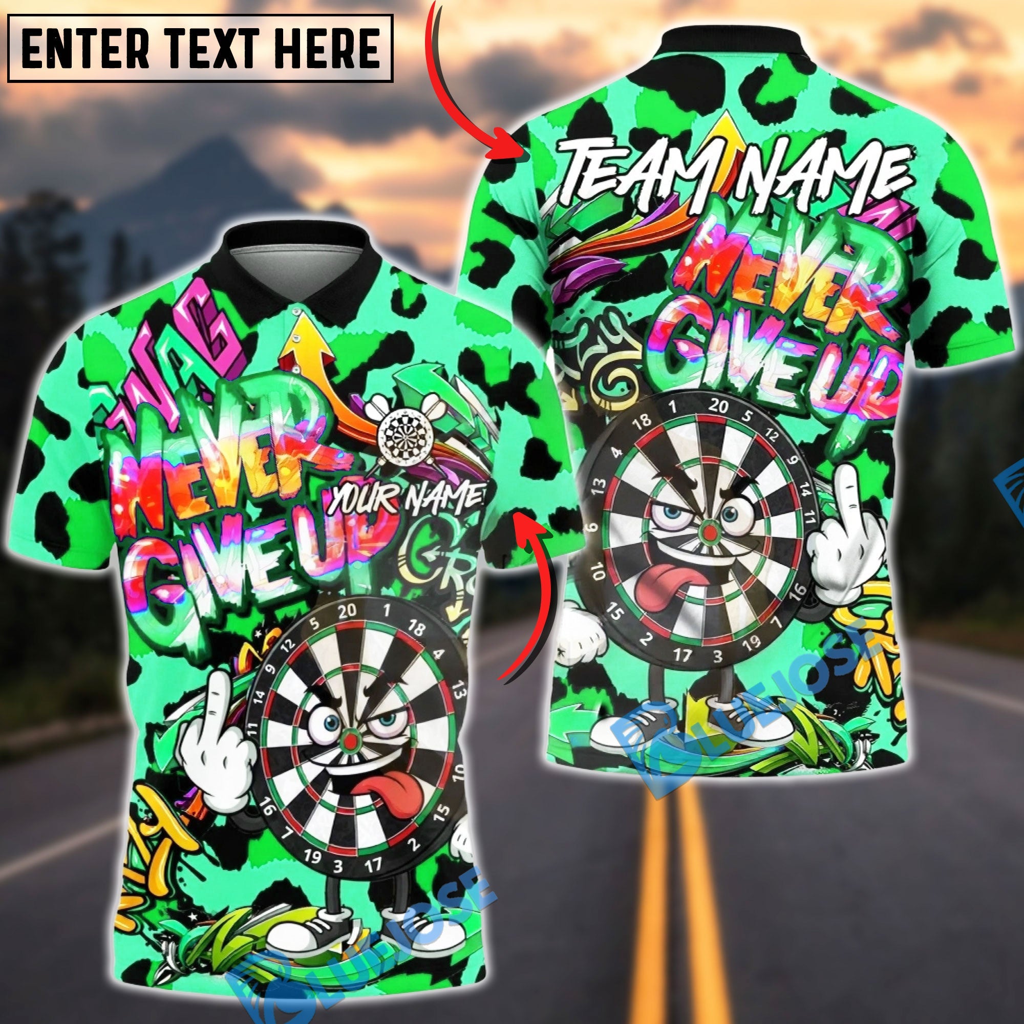 BlueJose Darts Graffiti Never Give Up Character Leopard Skin Multicolor Options Personalized Name Shirt (5 Colors)