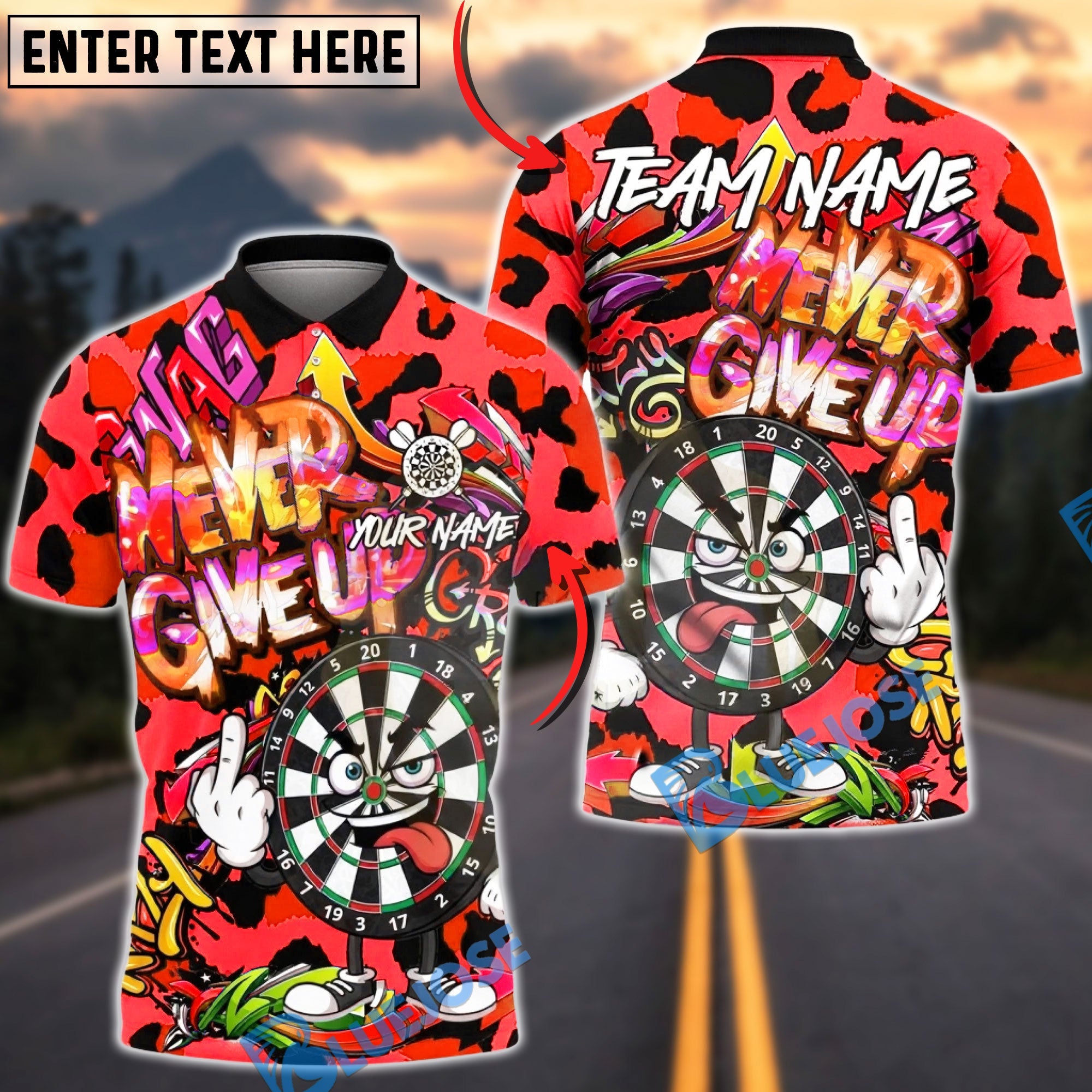 BlueJose Darts Graffiti Never Give Up Character Leopard Skin Multicolor Options Personalized Name Shirt (5 Colors)