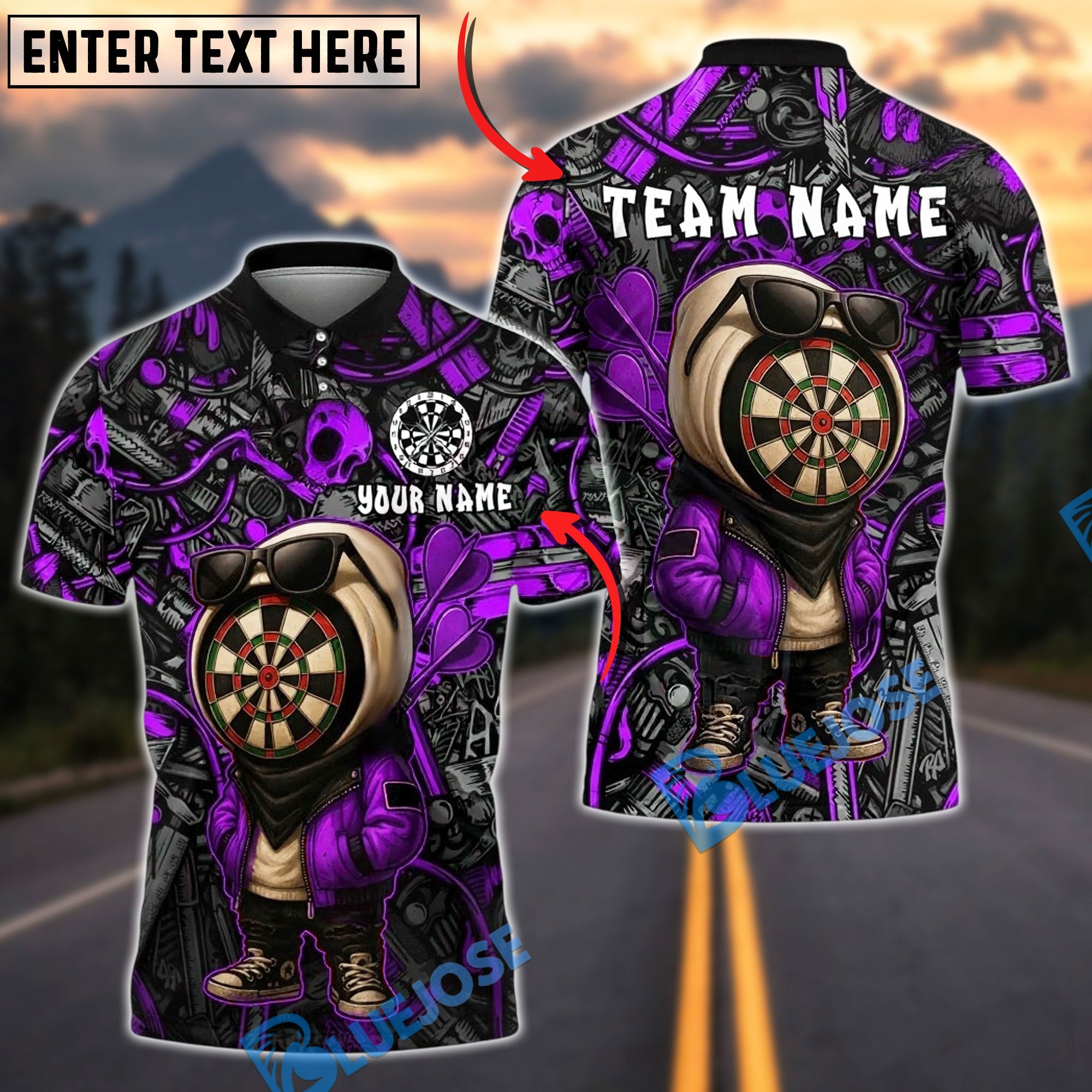 BlueJose Darts Cool Dartboard Character Jacket Customized Name, Team Name 3D Shirt (4 Colors)