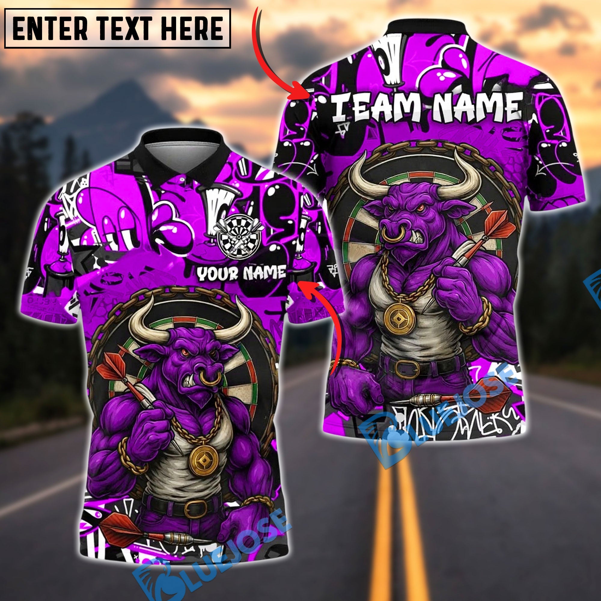 BlueJose Darts Bull Minotaur Dartboard Customized Name, Team Name 3D Shirt (4 Colors)