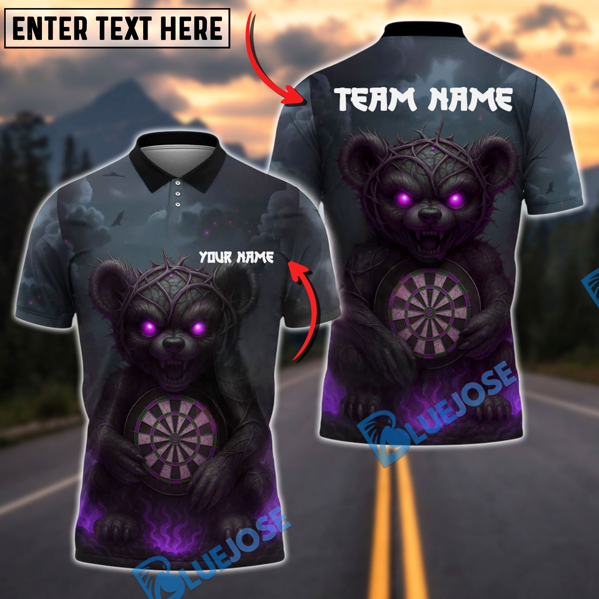 BlueJose Darts Evil Teddy Bear with Dartboard Customized Name, Team Name 3D Shirt (4 Colors)