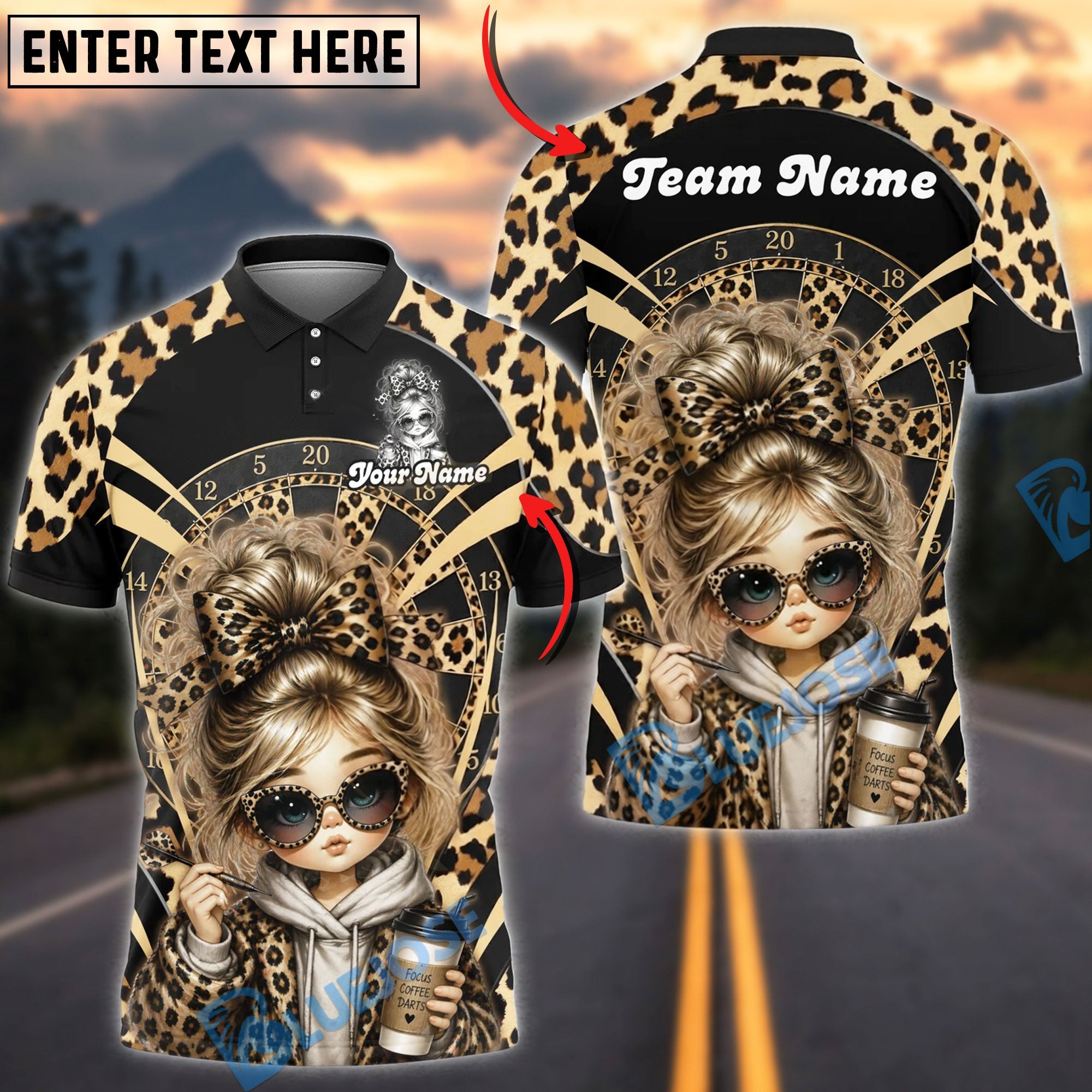 BlueJose Darts Leopard Girl Coffee Vibe Personalized Name Shirt
