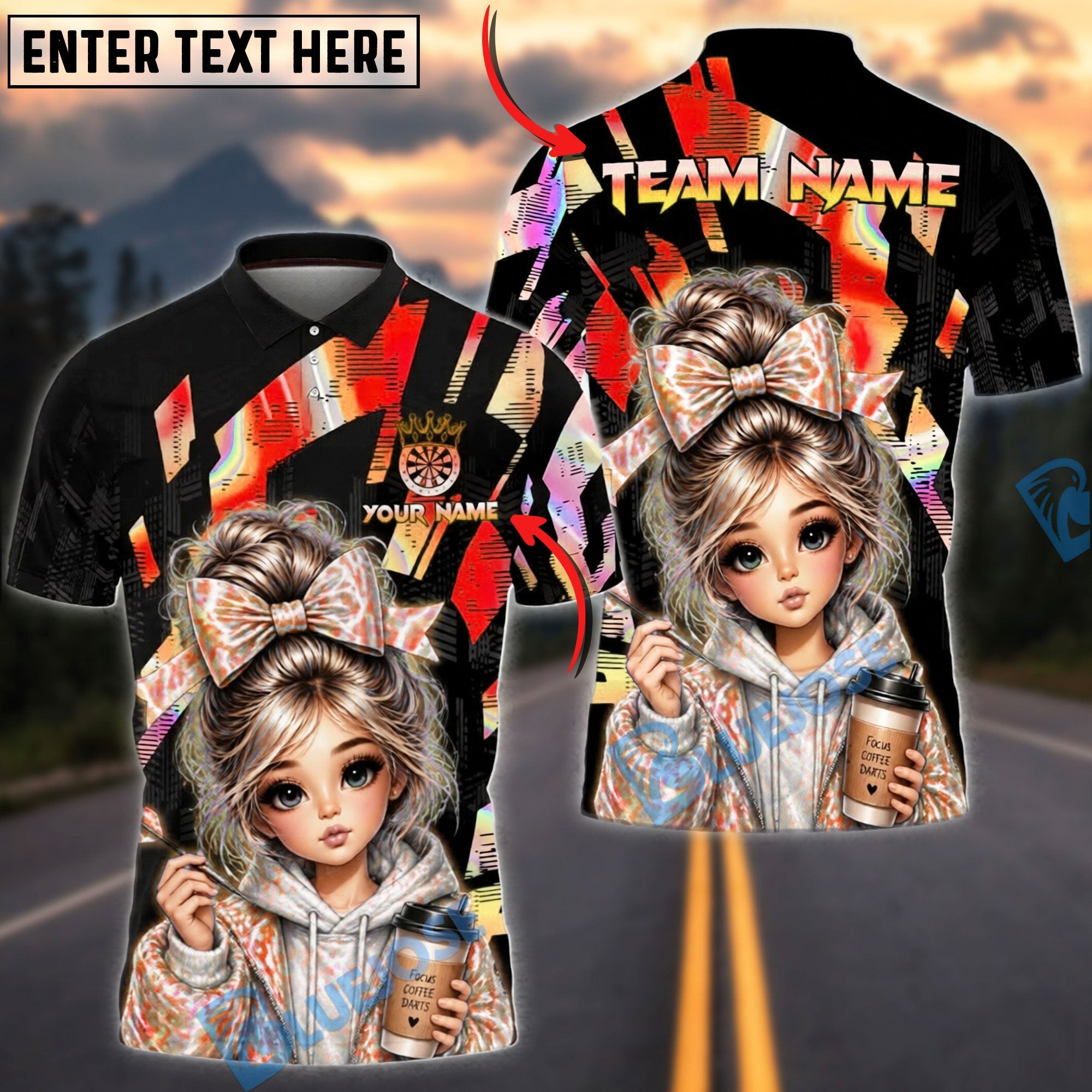 BlueJose Darts Holographic Hoodie Girl Coffee Lover Style Personalized Name, Team Name Unisex Shirt (4 Colors)