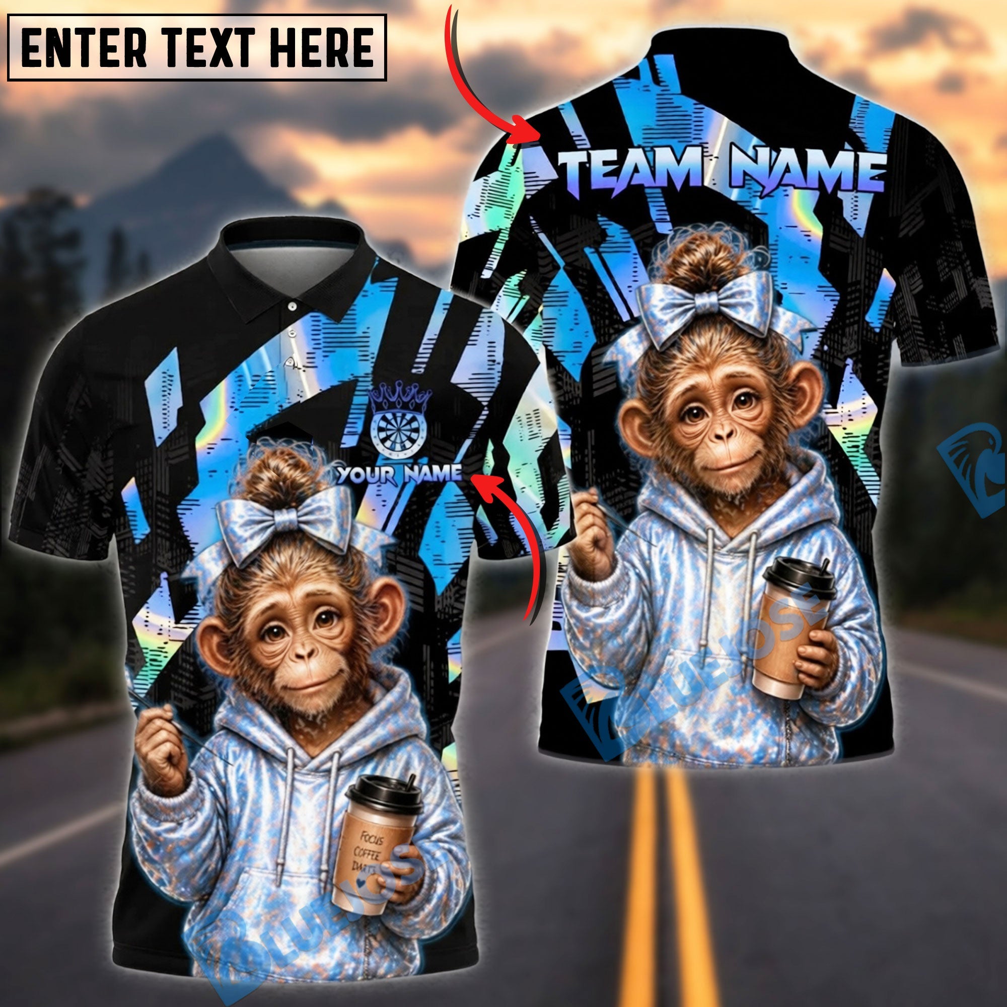 BlueJose Darts Cute Monkey Hoodie Coffee Vibe Personalized Name, Team Name Unisex Shirt (4 Colors)