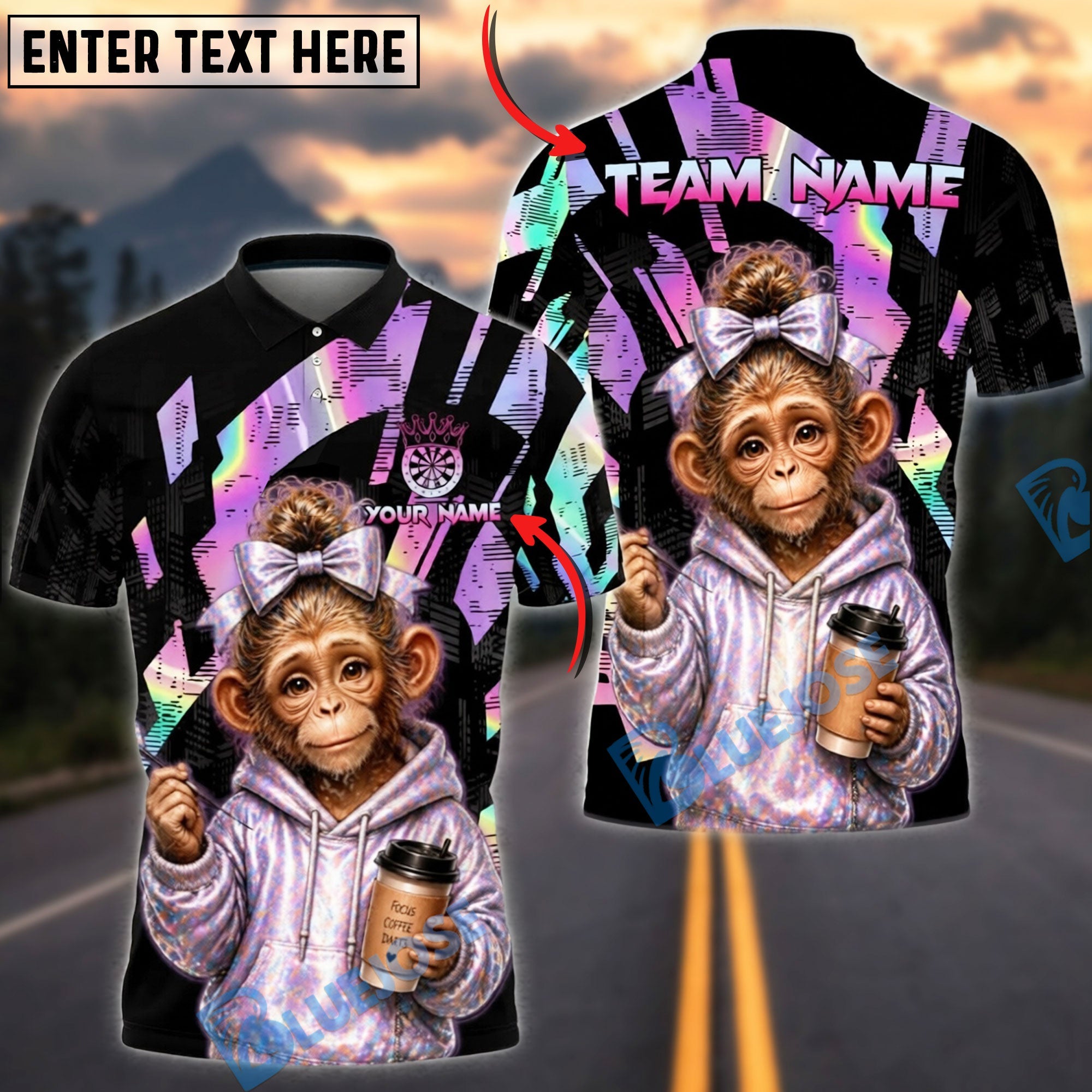 BlueJose Darts Cute Monkey Hoodie Coffee Vibe Personalized Name, Team Name Unisex Shirt (4 Colors)