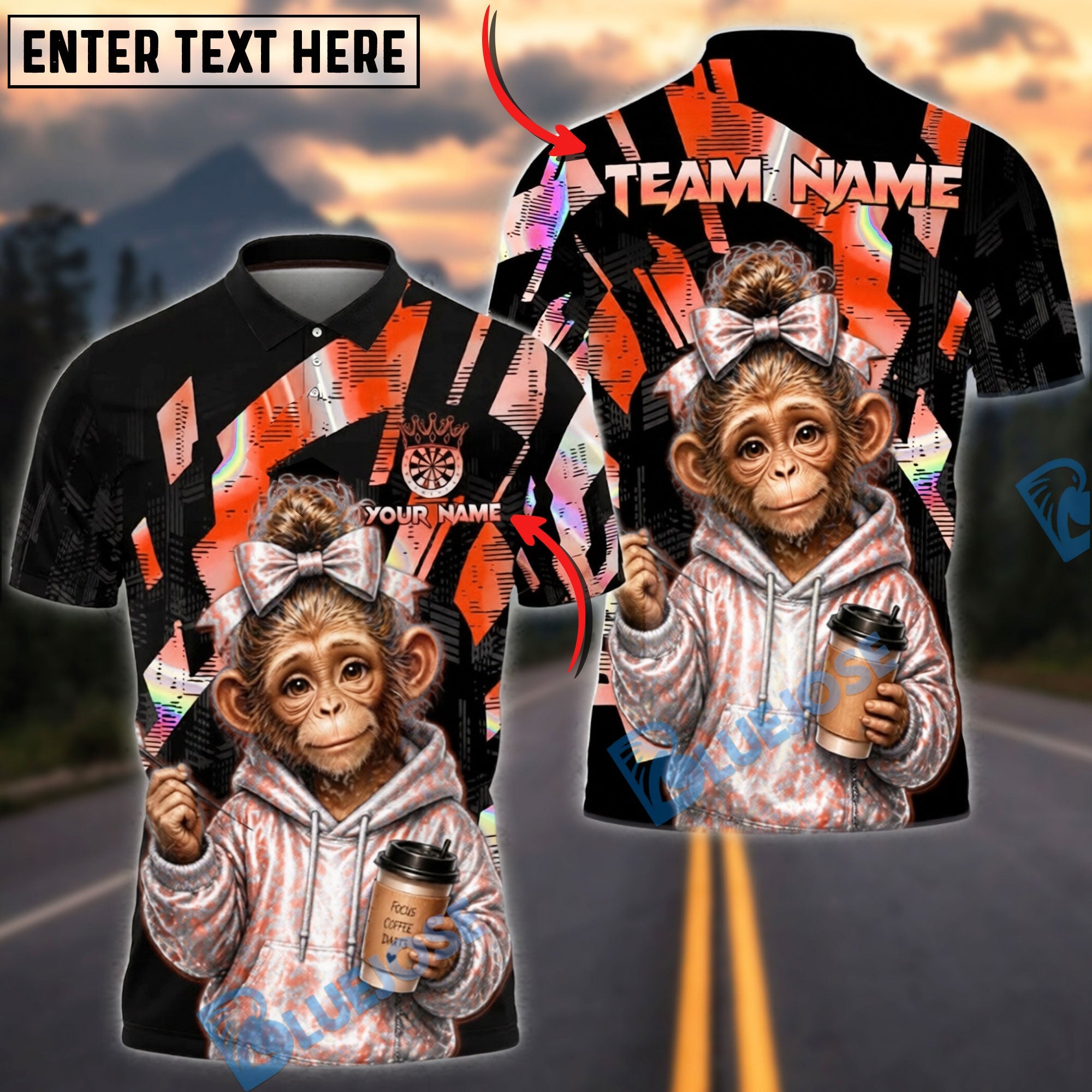 BlueJose Darts Cute Monkey Hoodie Coffee Vibe Personalized Name, Team Name Unisex Shirt (4 Colors)