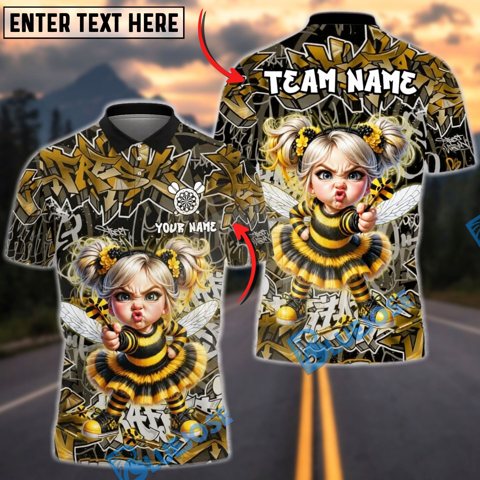 BlueJose Darts Angry Bee Girl Dart Throw Graffiti Personalized Name Shirt