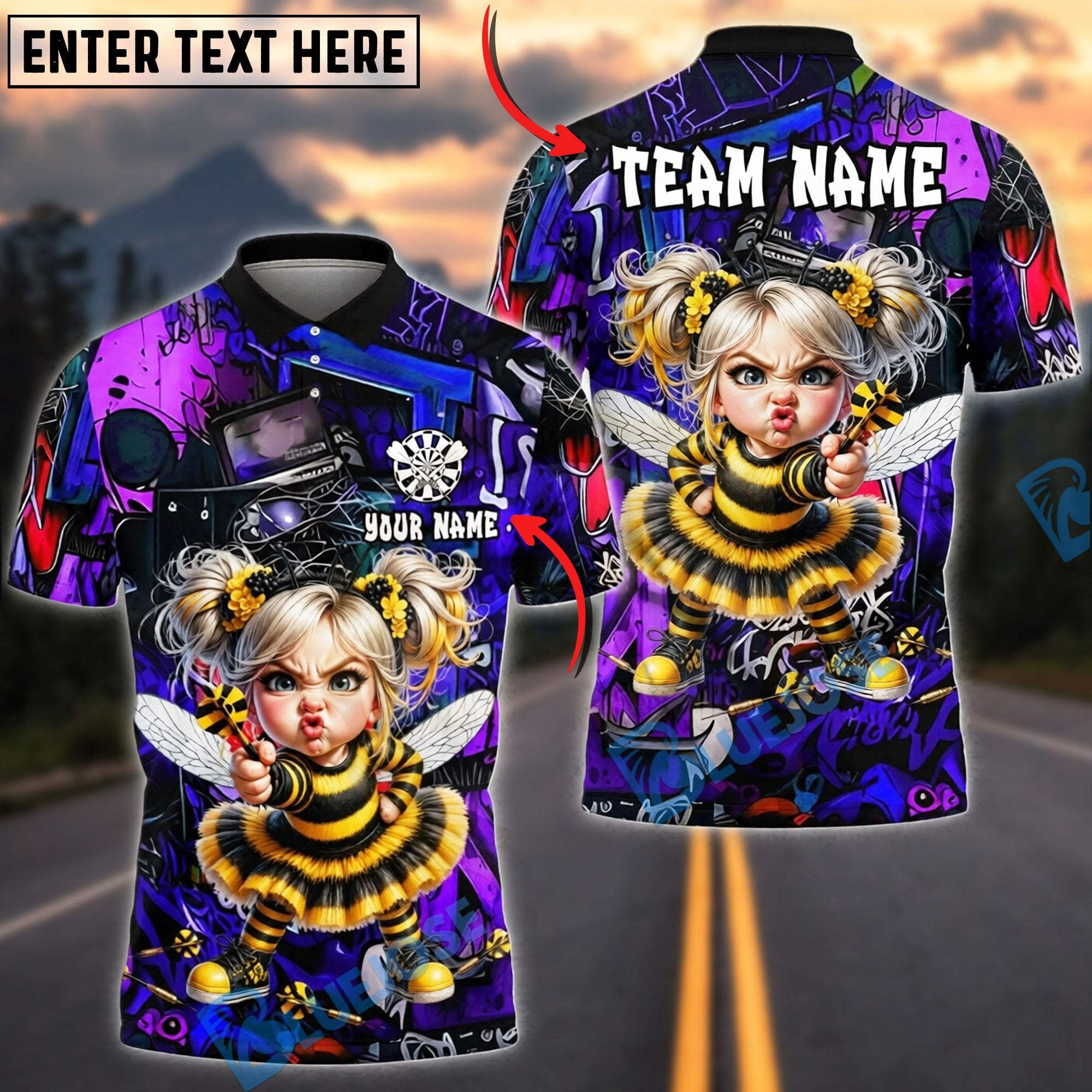 BlueJose Darts Angry Bee Girl Dart Throw Graffiti Style Personalized Name, Team Name Unisex Shirt (6 Colors)