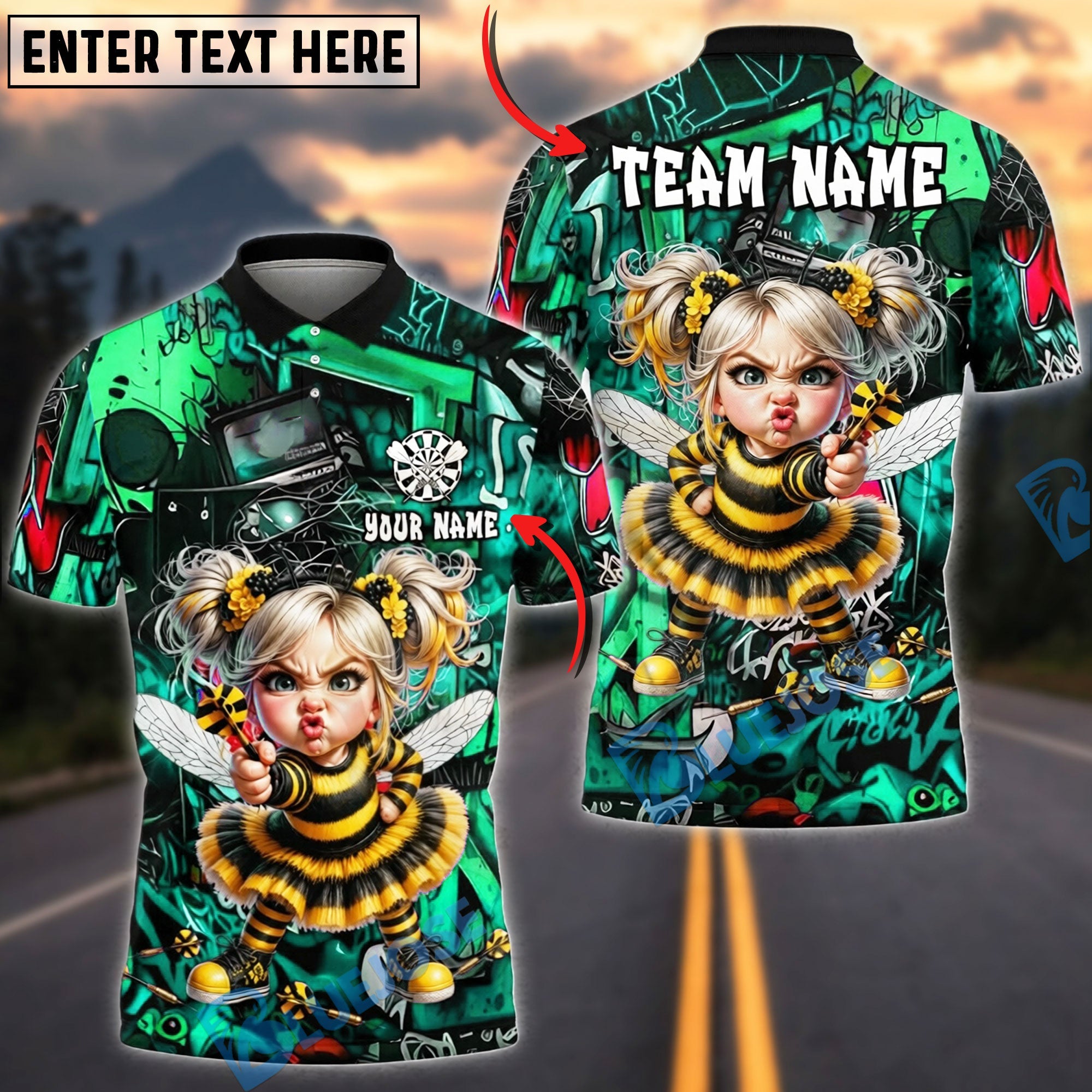 BlueJose Darts Angry Bee Girl Dart Throw Graffiti Style Personalized Name, Team Name Unisex Shirt (6 Colors)