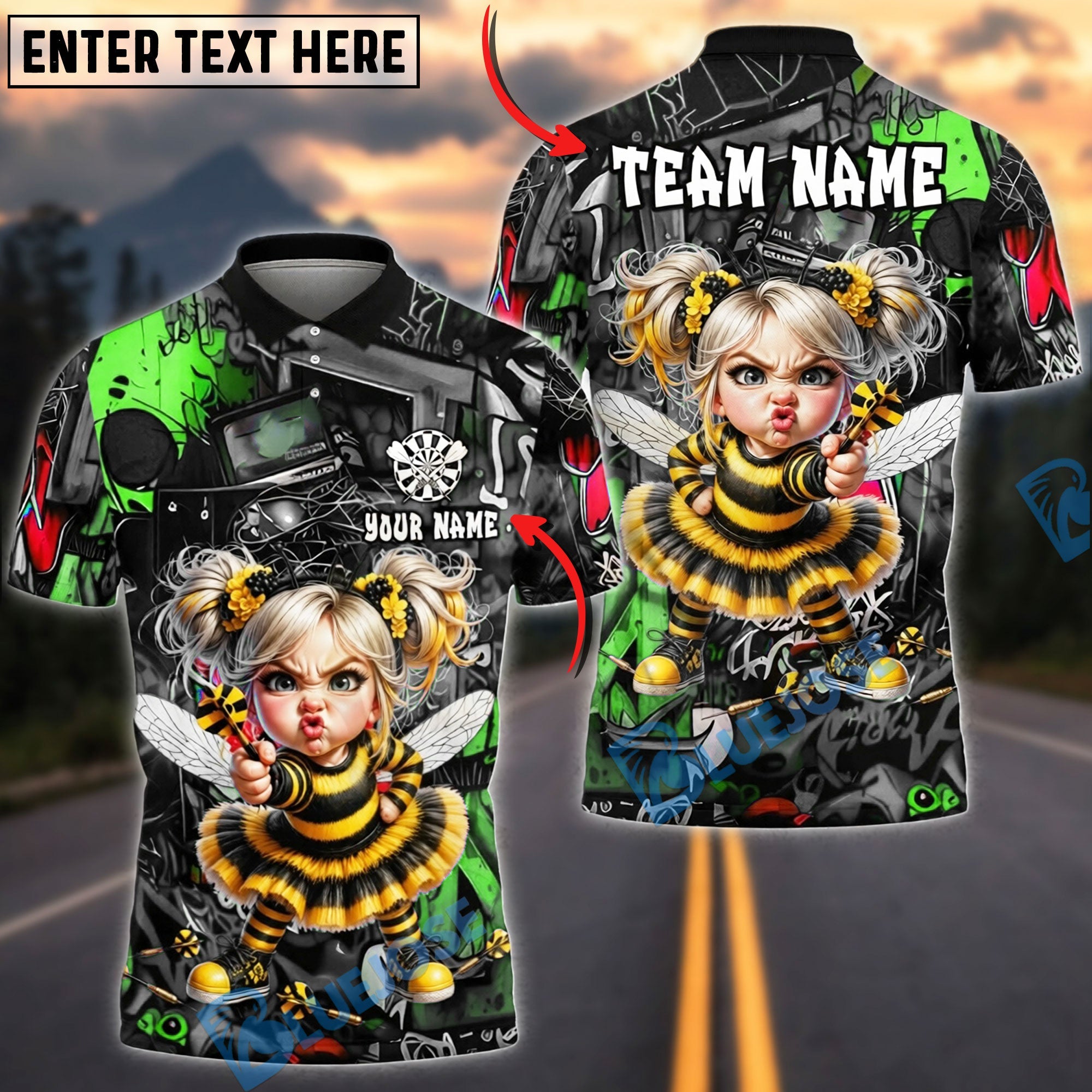BlueJose Darts Angry Bee Girl Dart Throw Graffiti Style Personalized Name, Team Name Unisex Shirt (6 Colors)