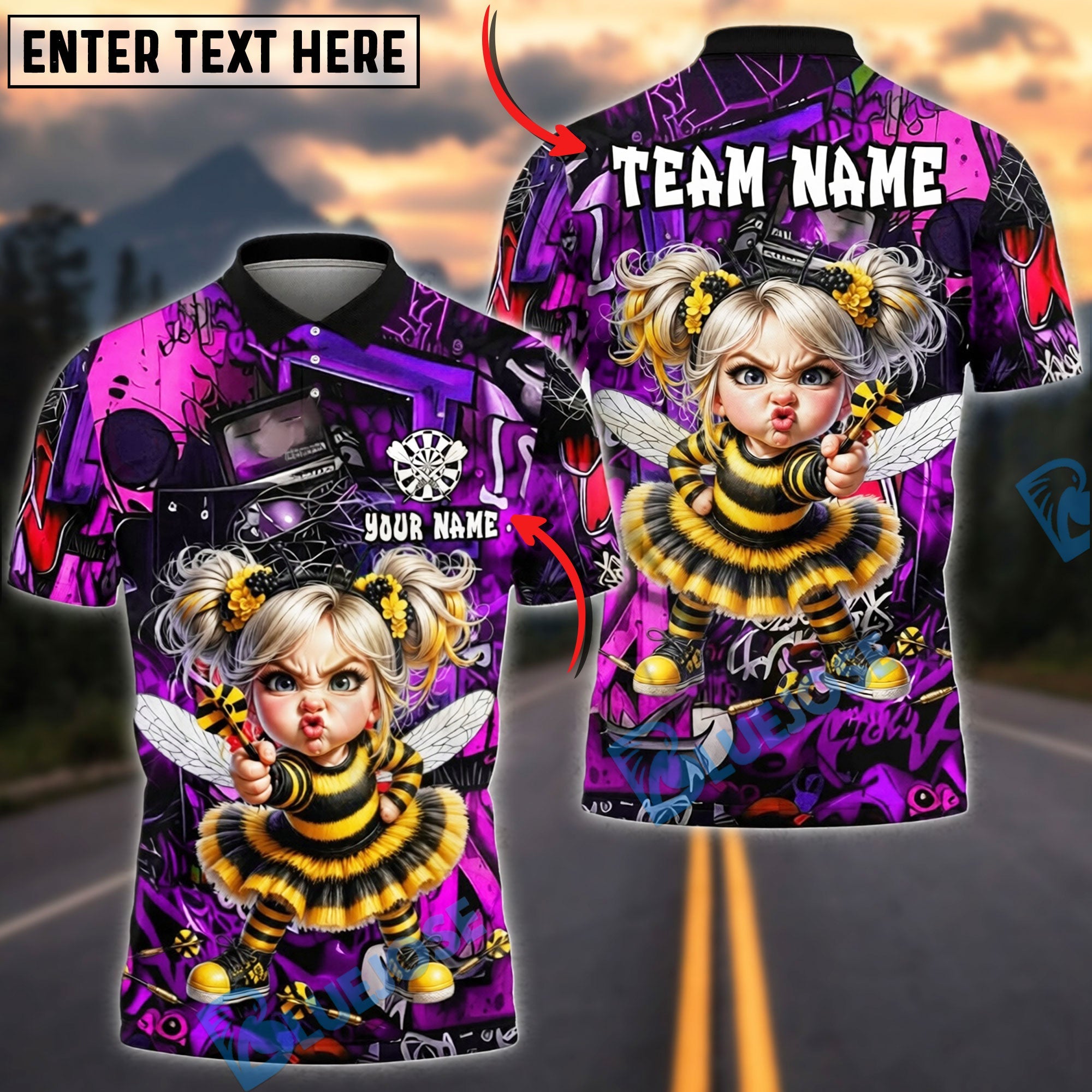 BlueJose Darts Angry Bee Girl Dart Throw Graffiti Style Personalized Name, Team Name Unisex Shirt (6 Colors)