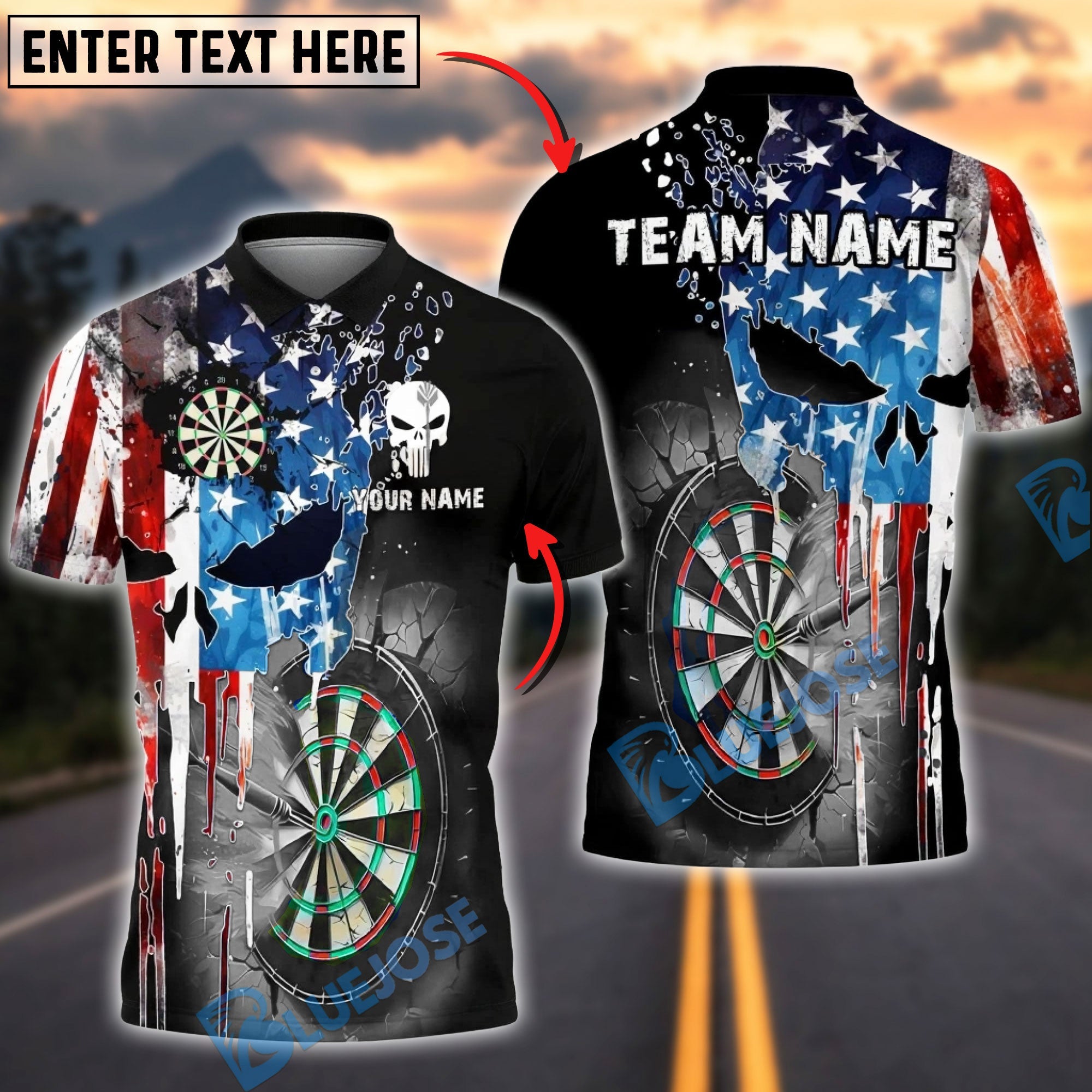 BlueJose Darts American Flag Punisher Multicolor Options Personalized Name Shirt (6 Colors)