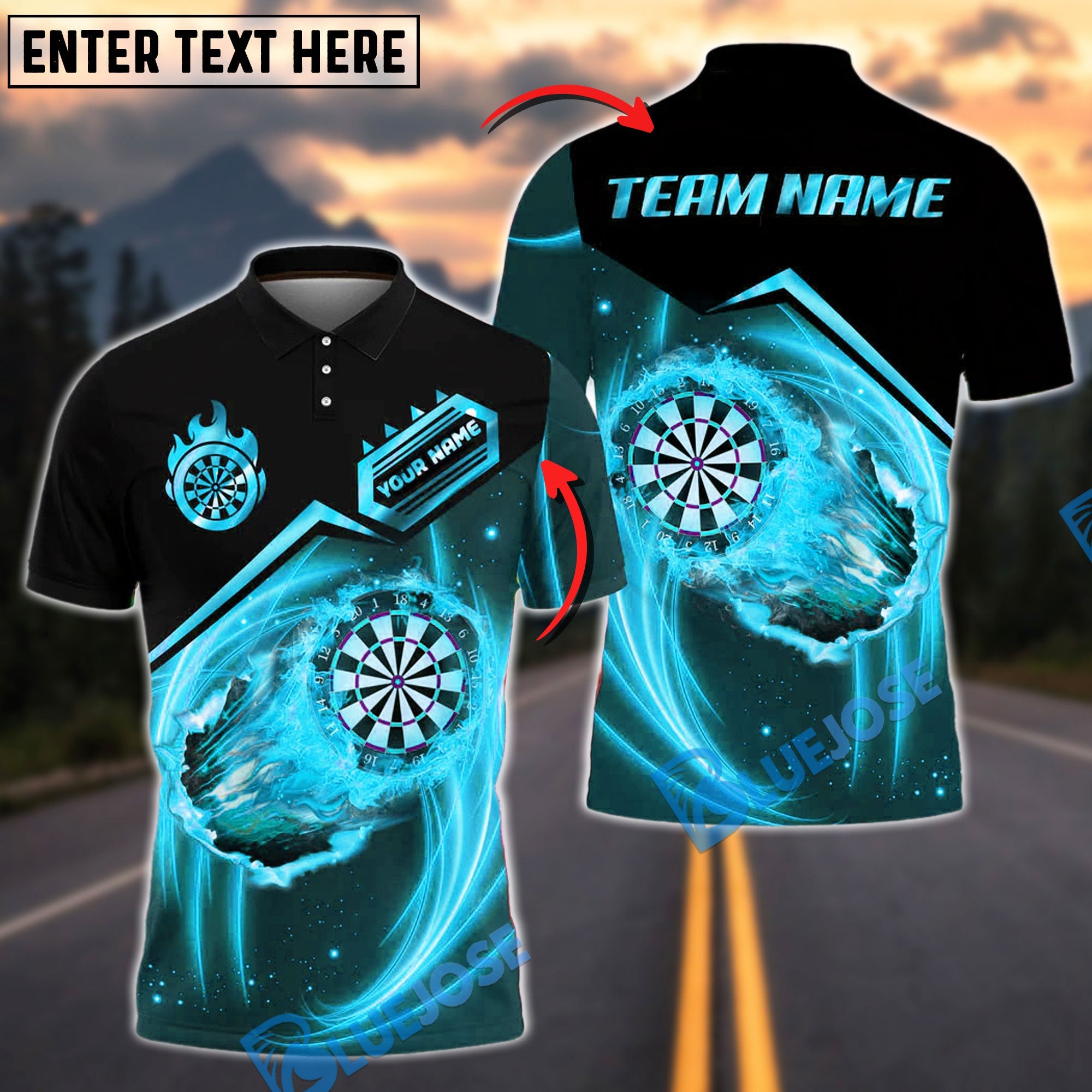 BlueJose Darts Golden Dartborad Flame Customized Name, Team Name 3D Shirt (4 Colors)