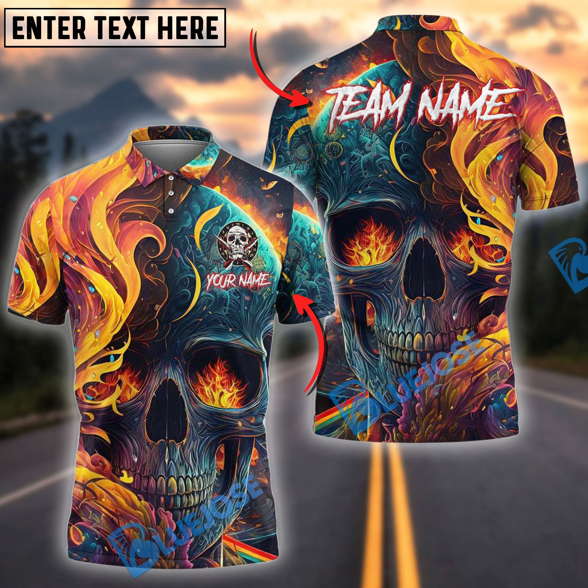 BlueJose Darts Flaming Skull Abstract Personalized Name, Team Name Shirt