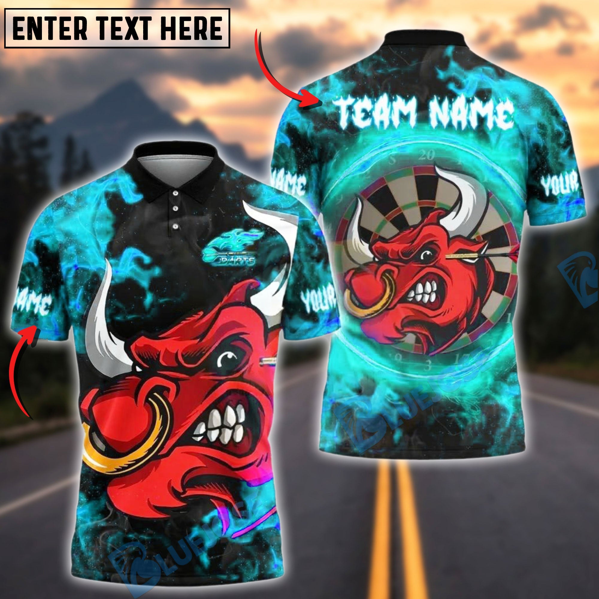 BlueJose Darts Fire Bull Customized Name, Team Name 3D Shirt (4 Colors)