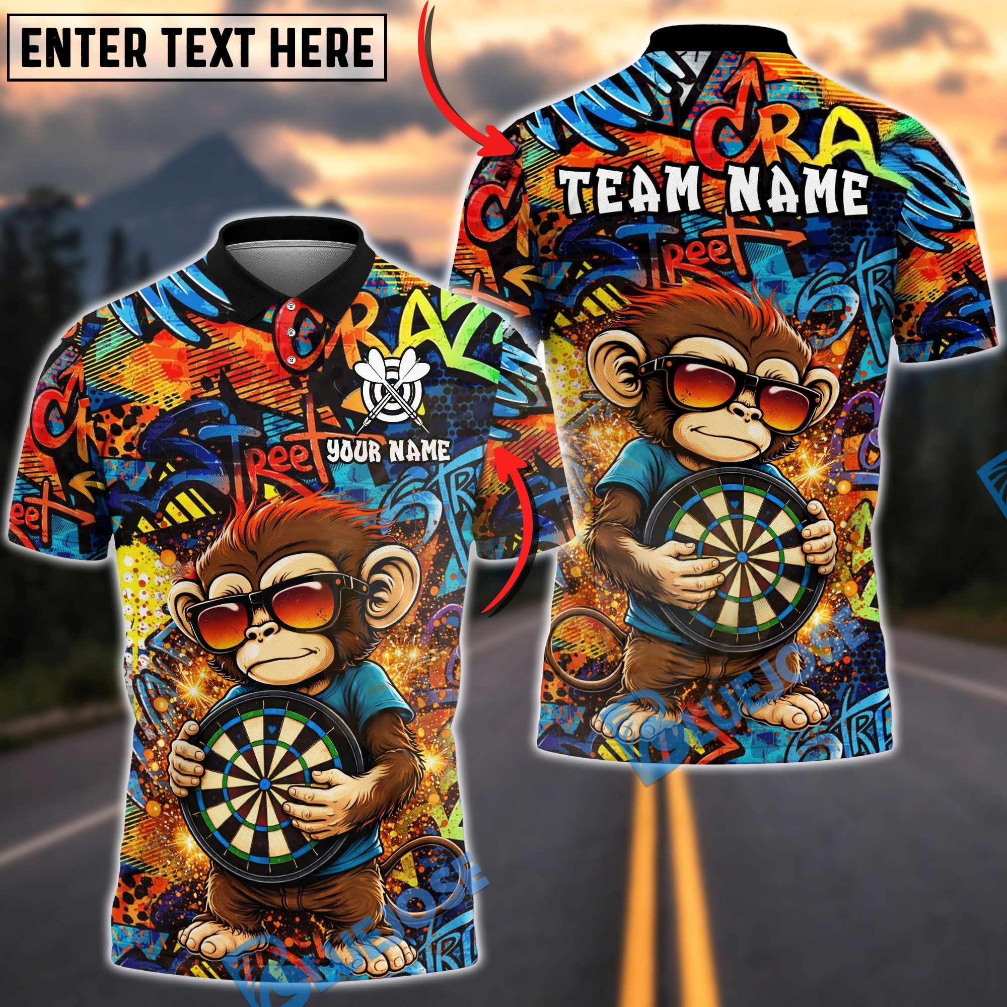 BlueJose Darts Graffiti Monkey Dartboard Street Art Multicolor Options Personalized Name Shirt (4 Colors)