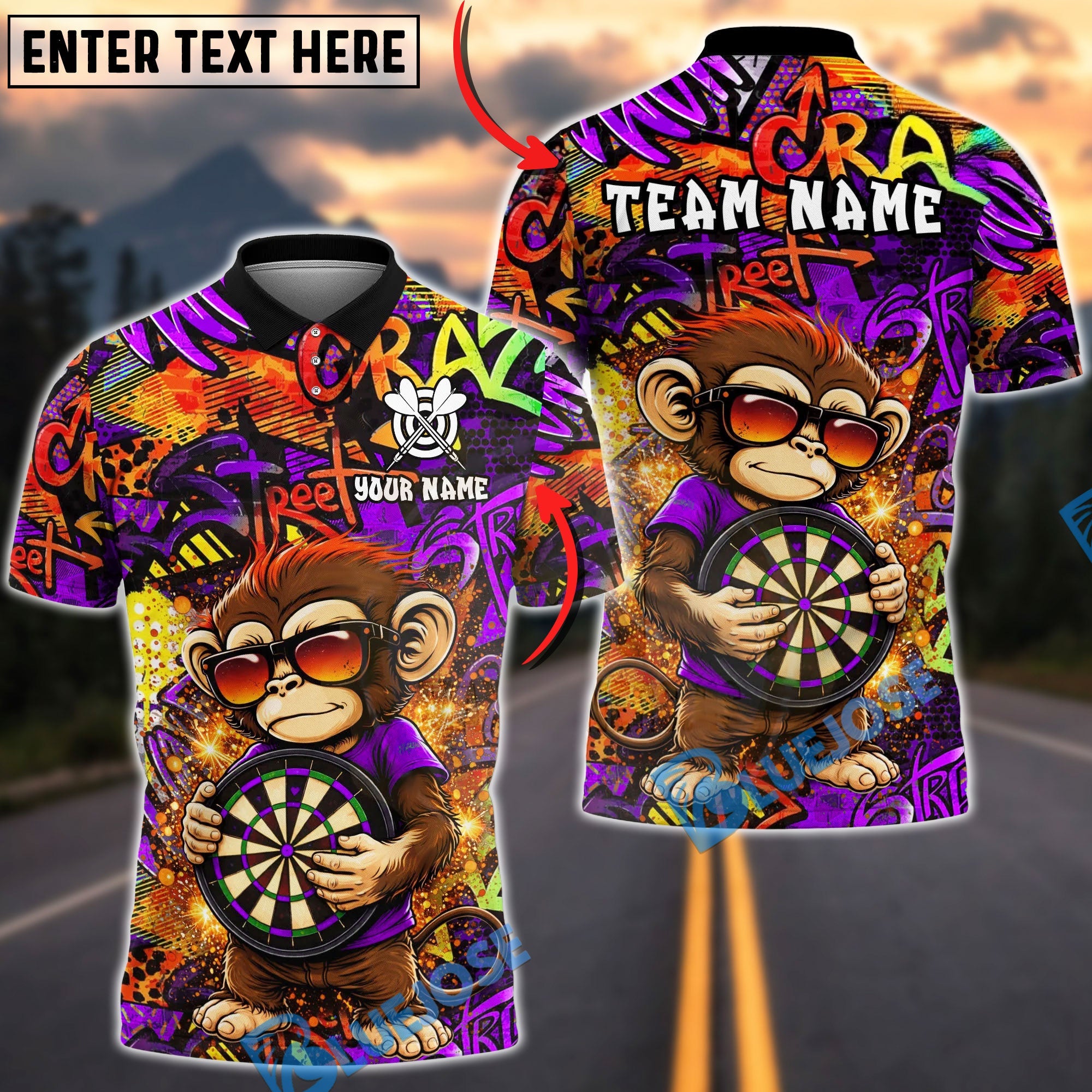 BlueJose Darts Graffiti Monkey Dartboard Street Art Multicolor Options Personalized Name Shirt (4 Colors)