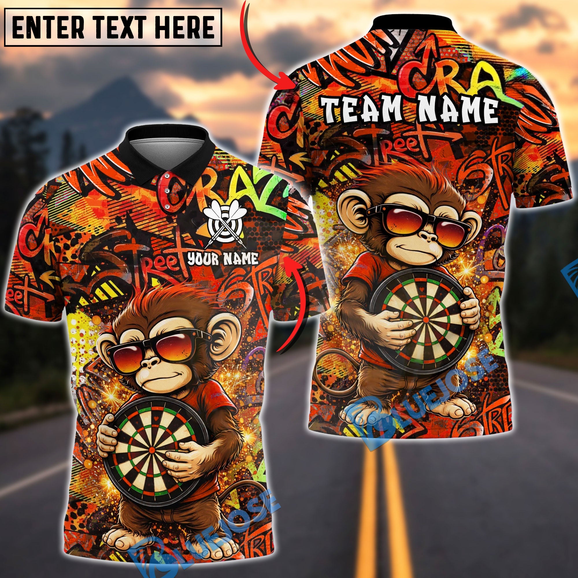 BlueJose Darts Graffiti Monkey Dartboard Street Art Multicolor Options Personalized Name Shirt (4 Colors)