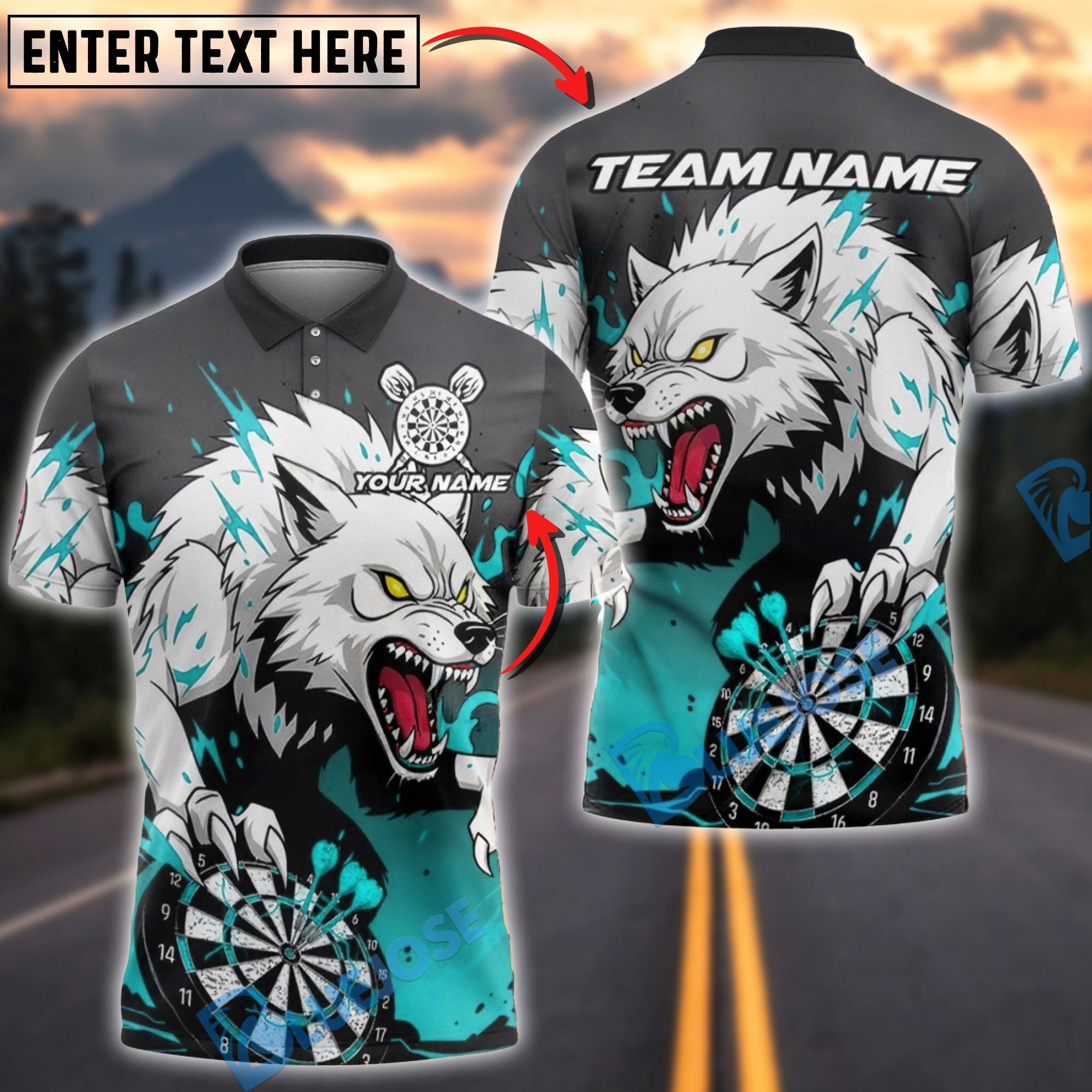 BlueJose Darts Fierce Wolf Dartboard Multicolor Options Personalized Name Shirt (4 Colors)