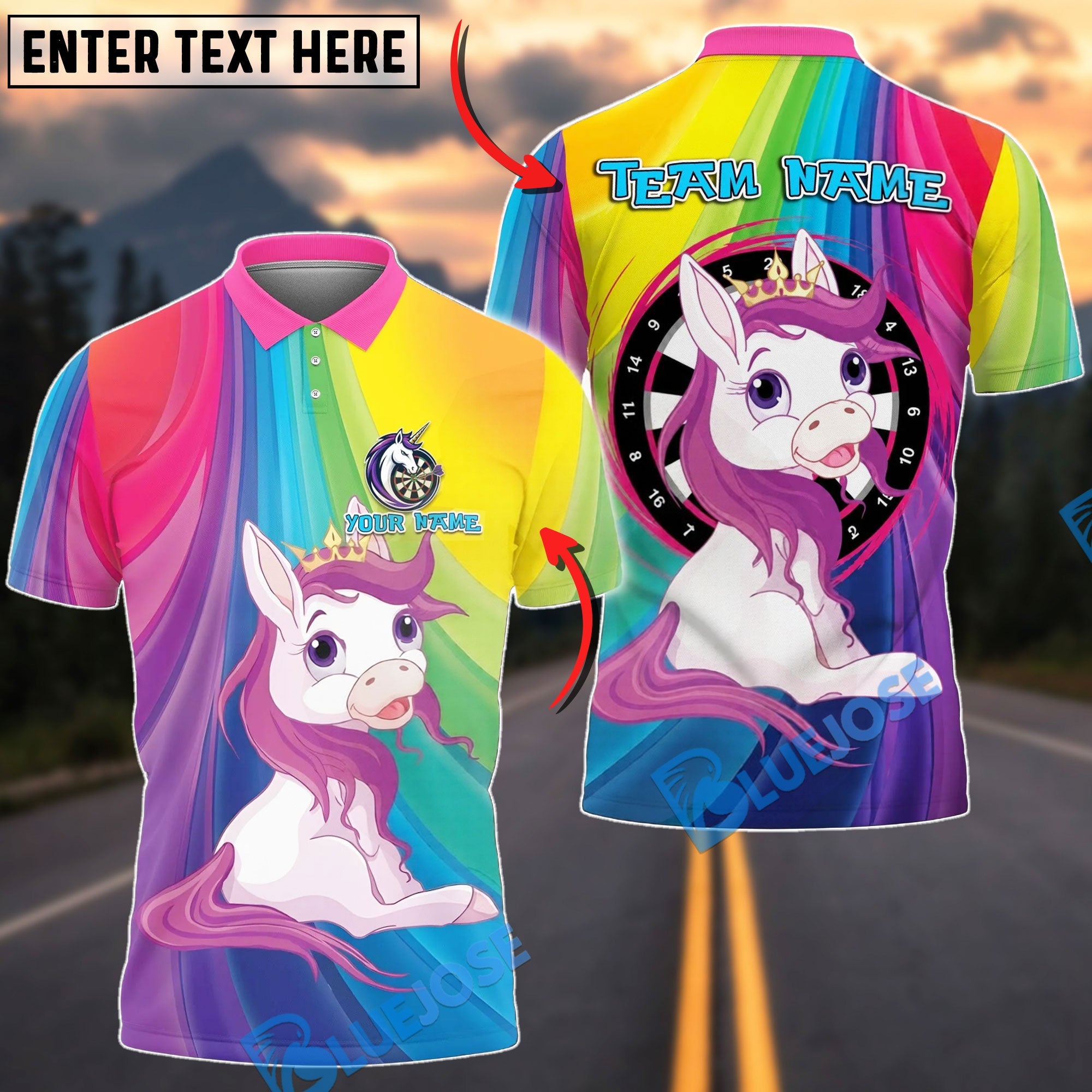 BlueJose Darts Unicorn Rainbow Colorful Design Personalized Name Shirt