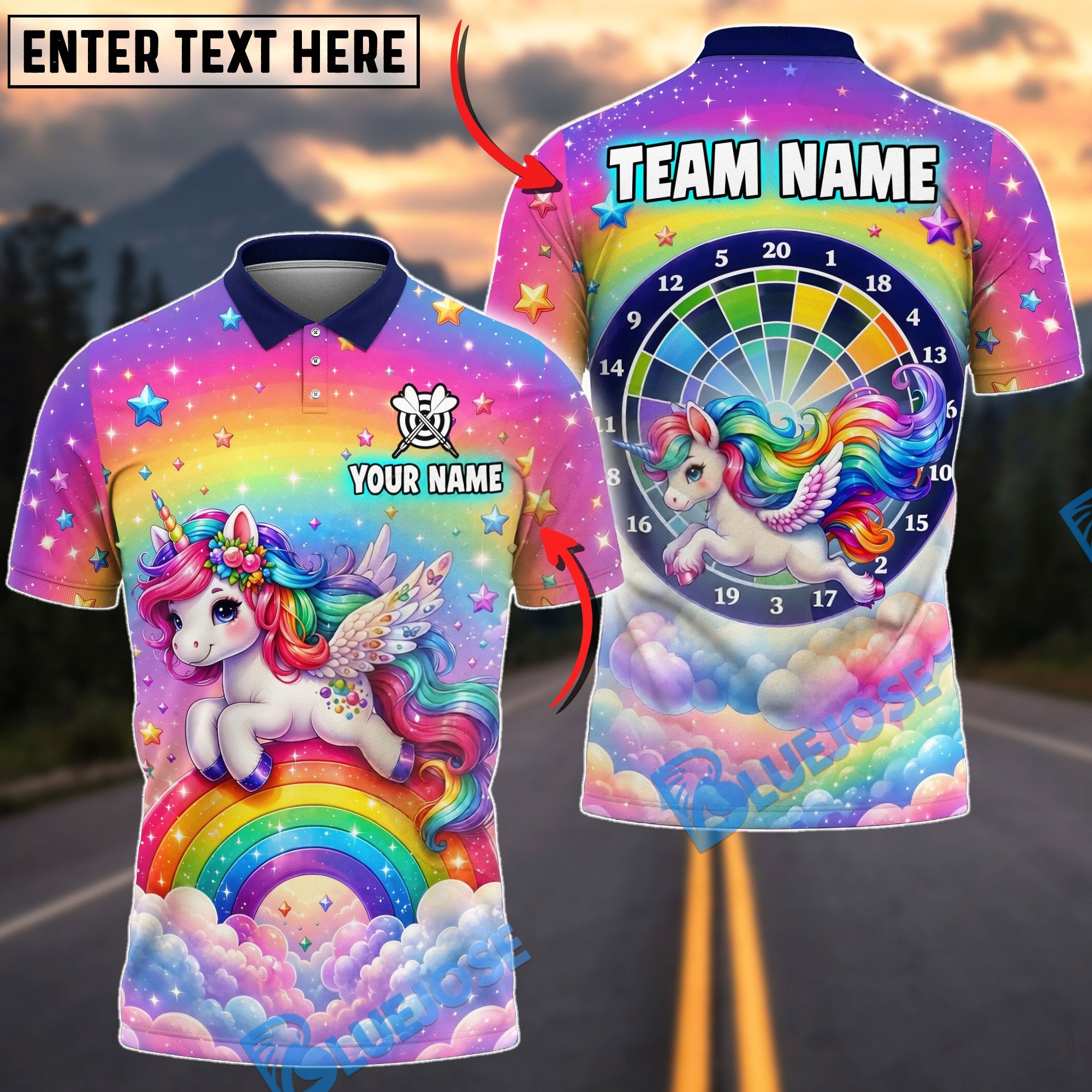 BlueJose Darts Cute Unicorn Rainbow Fantasy Design Personalized Name Shirt