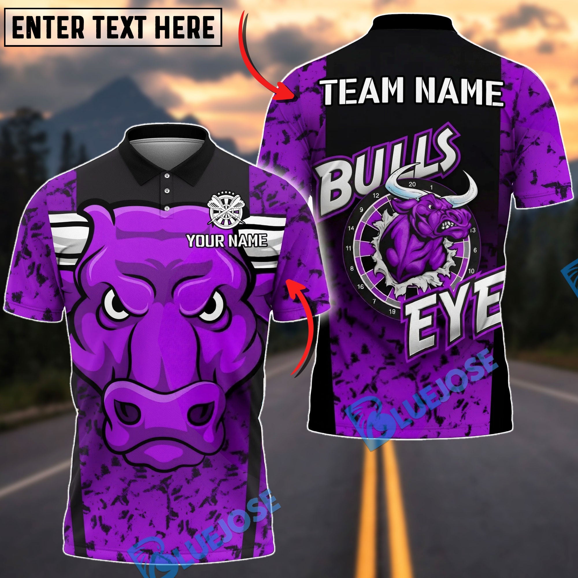 BlueJose Darts Bullseye Red Bull Design Personalized Name, Team Name Unisex Shirt (4 Colors)