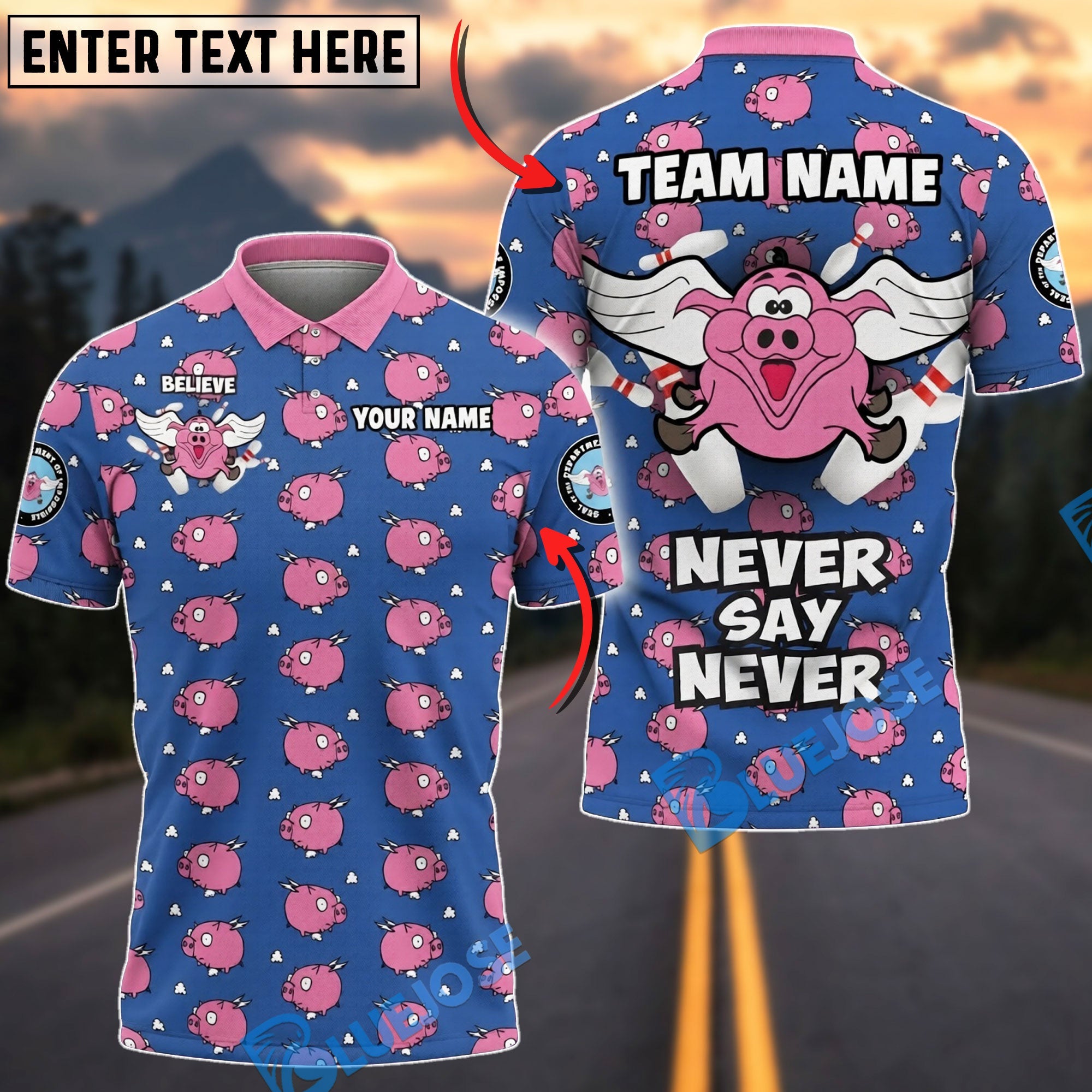 BlueJose Darts Flying Pig Believe Never Say Never Design Personalized Name Shirt