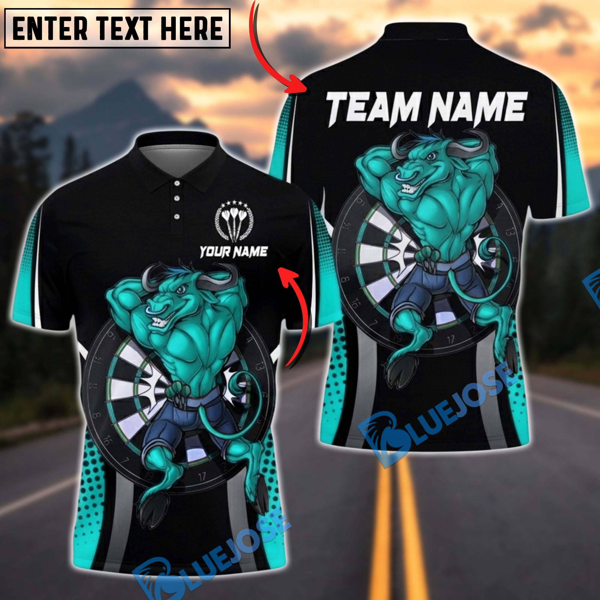 BlueJose Darts Bull Strength Personalized Name, Team Name Unisex Shirt (4 Colors)