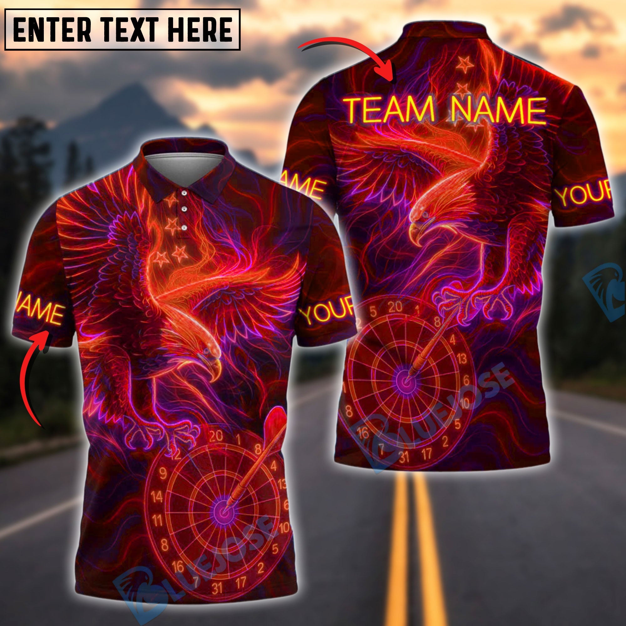 BlueJose Darts Eagle Neon Glow Personalized Name, Team Name Shirt (4 Colors)