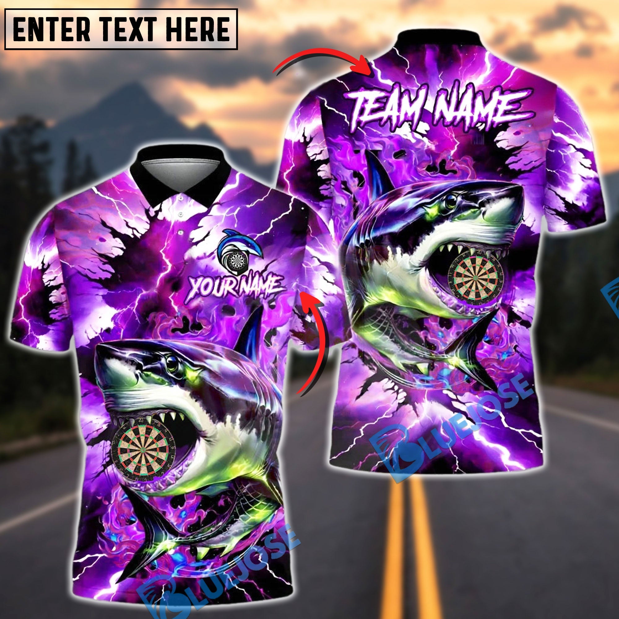 BlueJose Darts Aqua Storm Shark Customized Name, Team Name 3D Shirt (4 Colors)