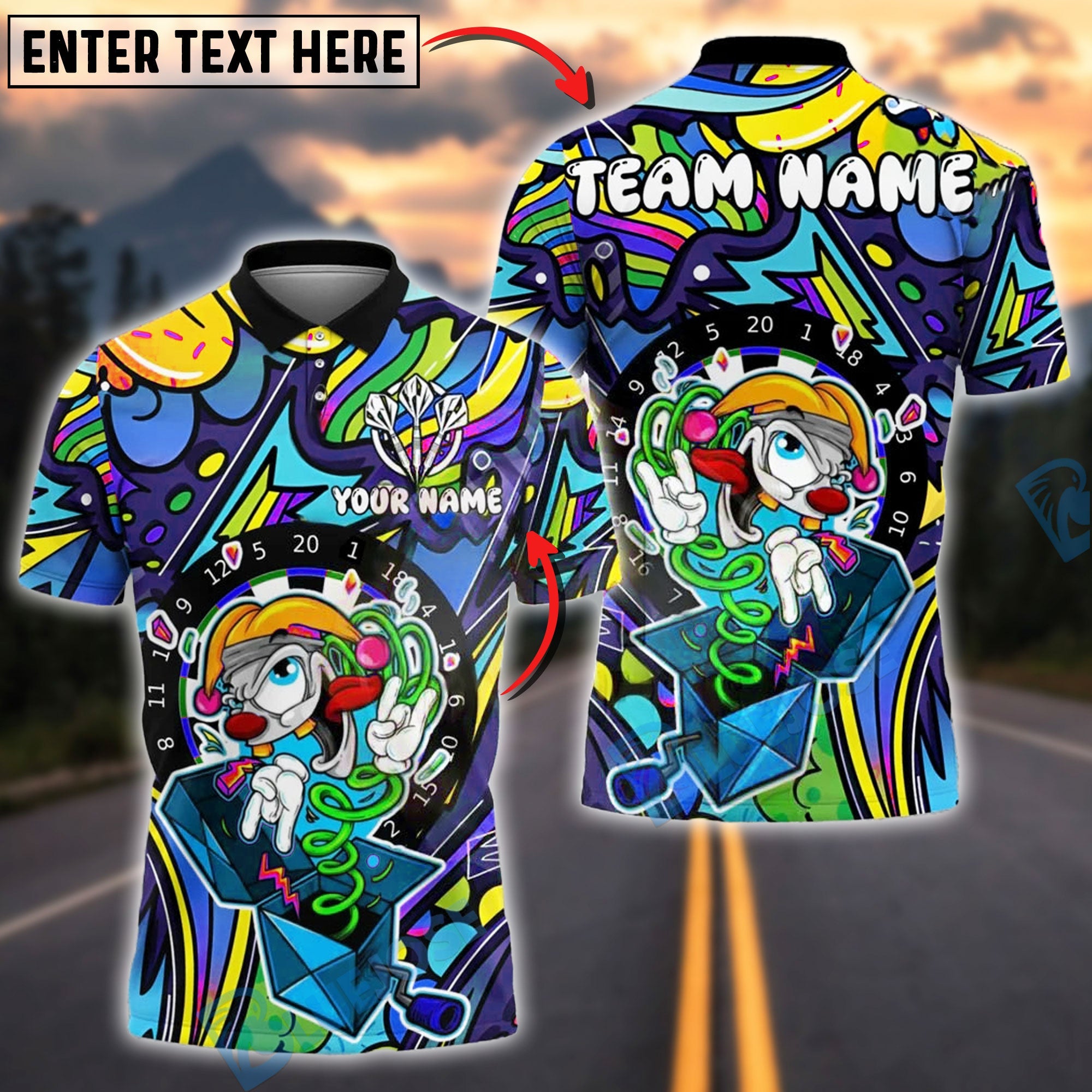 BlueJose Darts Colorblast Cartoon Character Customized Name, Team Name 3D Shirt (4 Colors)