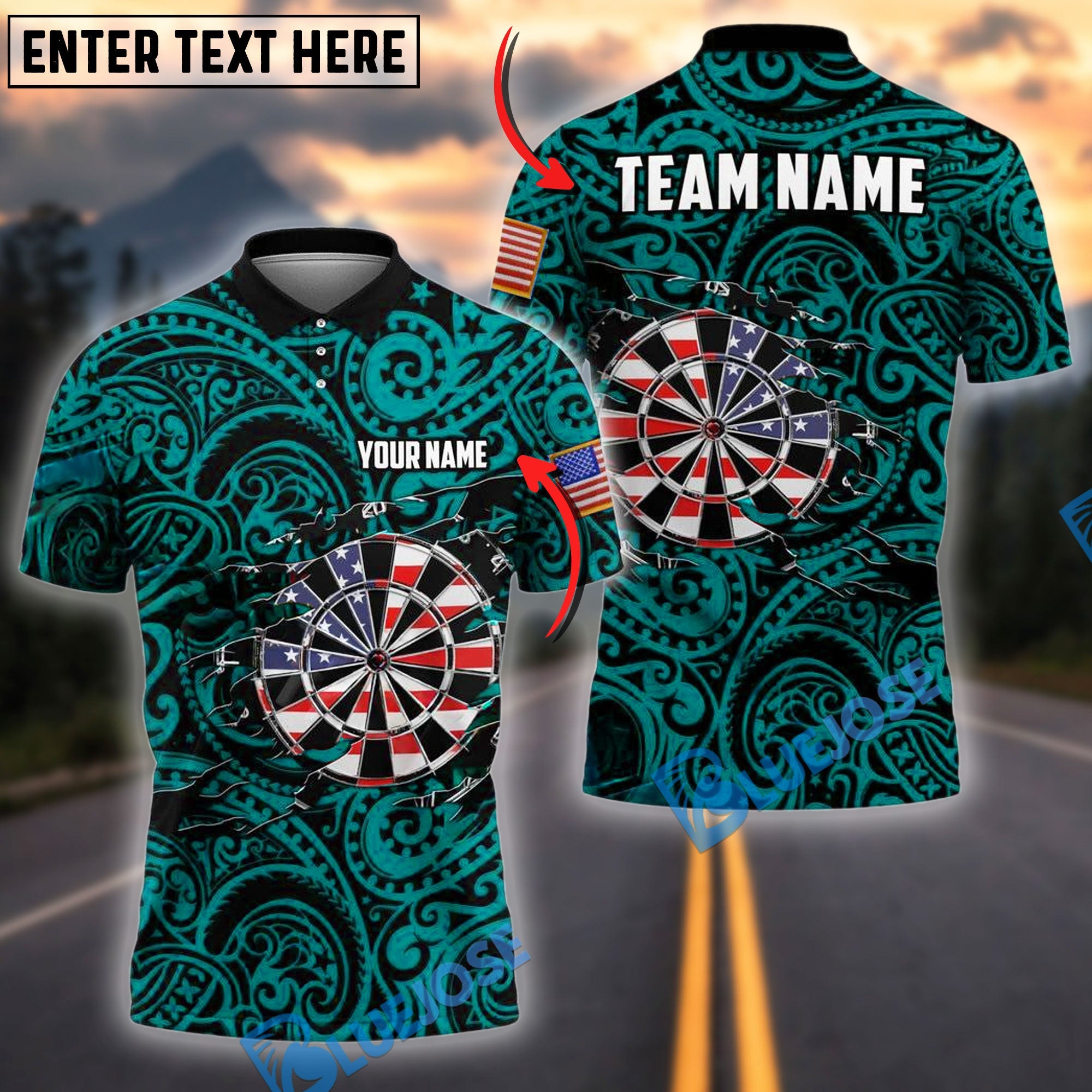 BlueJose Darts Patriotic Dartboard With Tribal Pattern Personalized Name, Team Name Shirt (4 Colors)