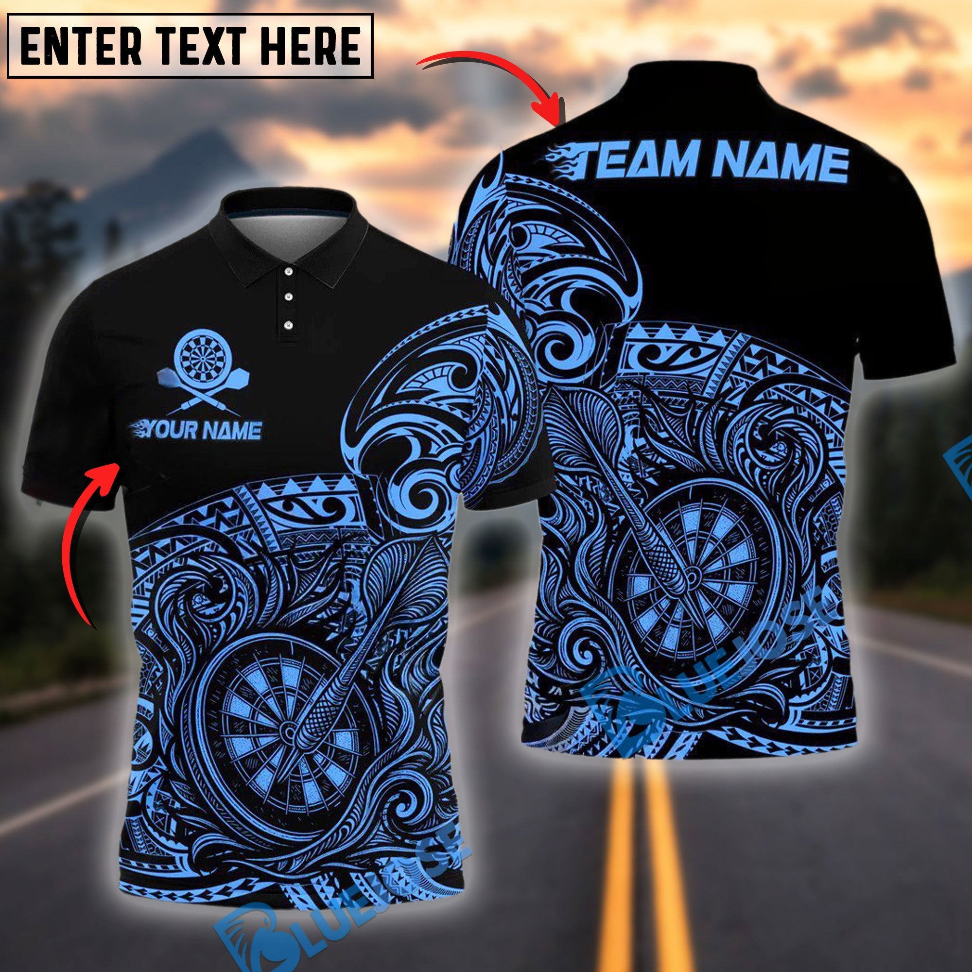 BlueJose Darts Tribal Wave Personalized Name, Team Name Shirt (4 Colors)