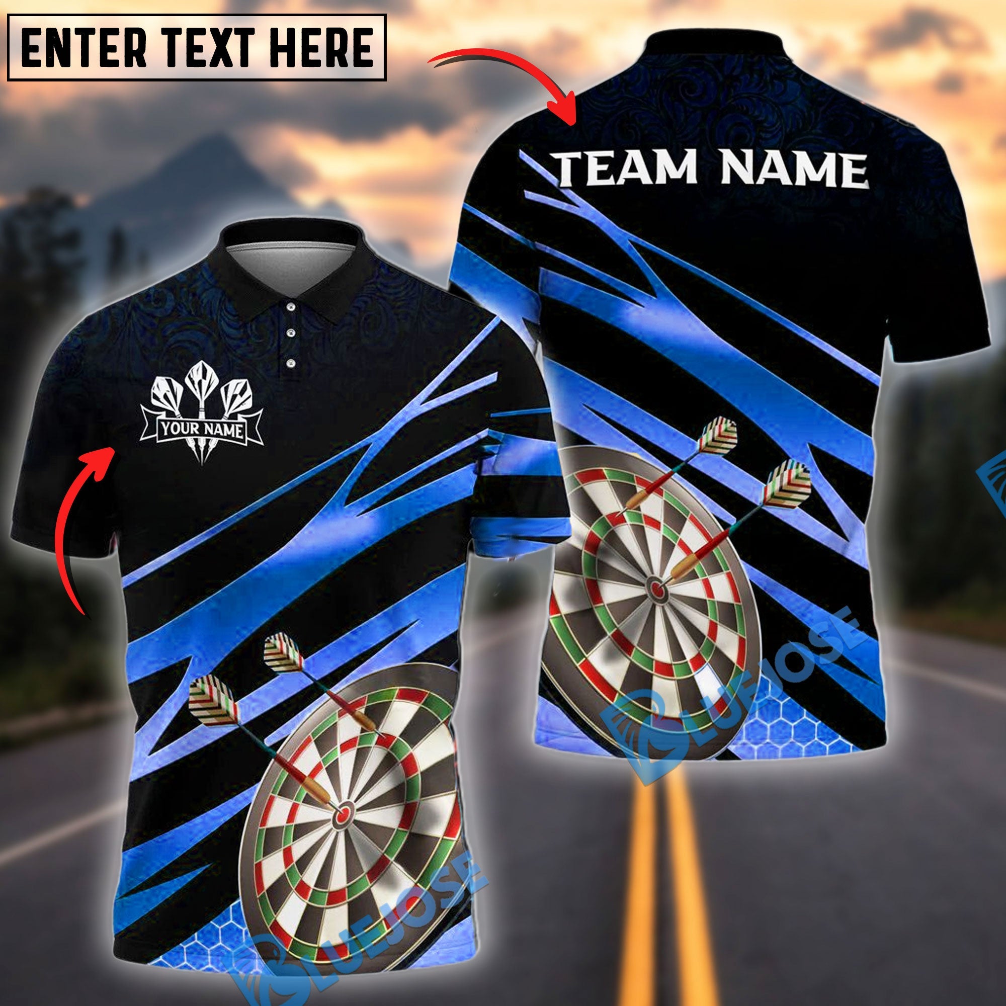 BlueJose Darts Target Gold Flash Personalized Name, Team Name Shirt (4 Colors)