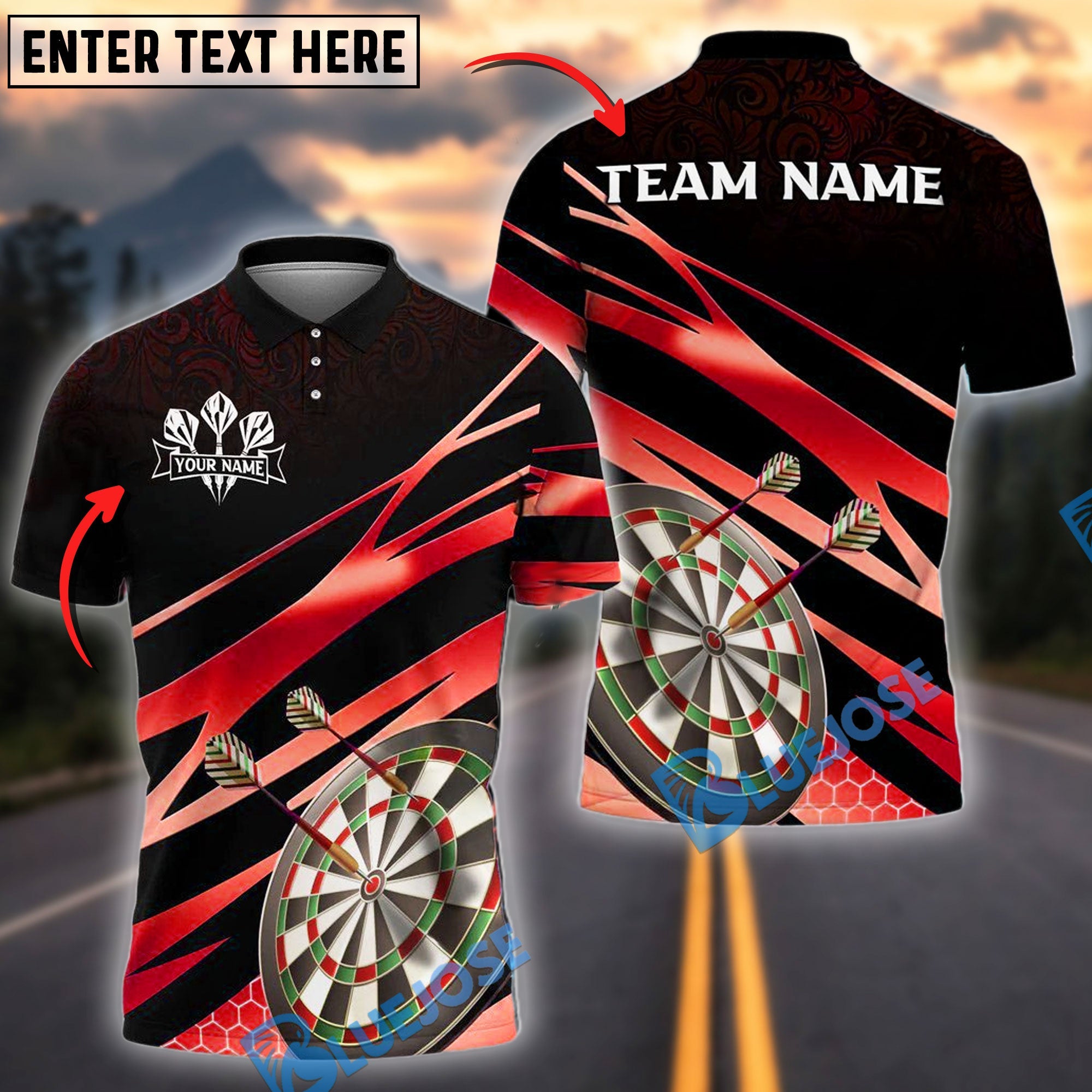 BlueJose Darts Target Gold Flash Personalized Name, Team Name Shirt (4 Colors)