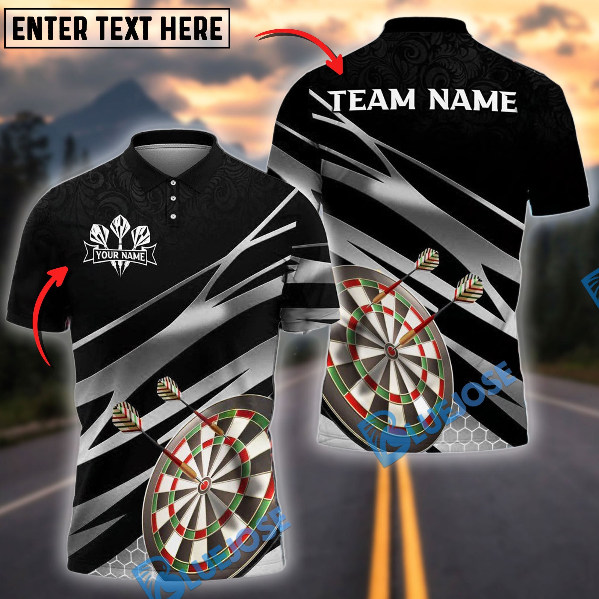 BlueJose Darts Target Gold Flash Personalized Name, Team Name Shirt (4 Colors)