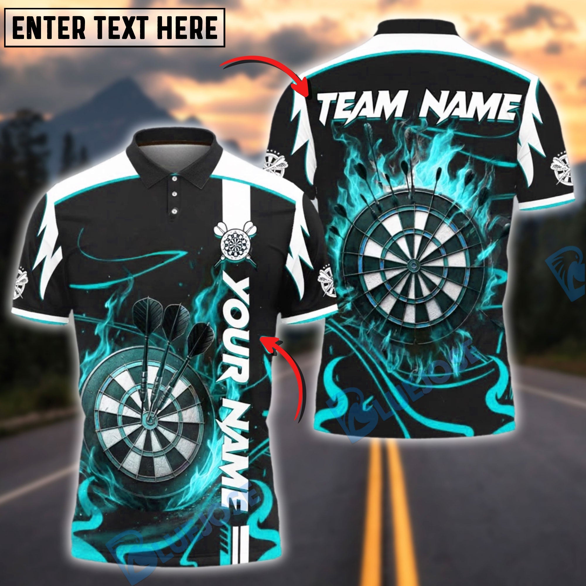BlueJose Darts Flaming Dartboard Blaze Customized Name, Team Name 3D Shirt (4 Colors)