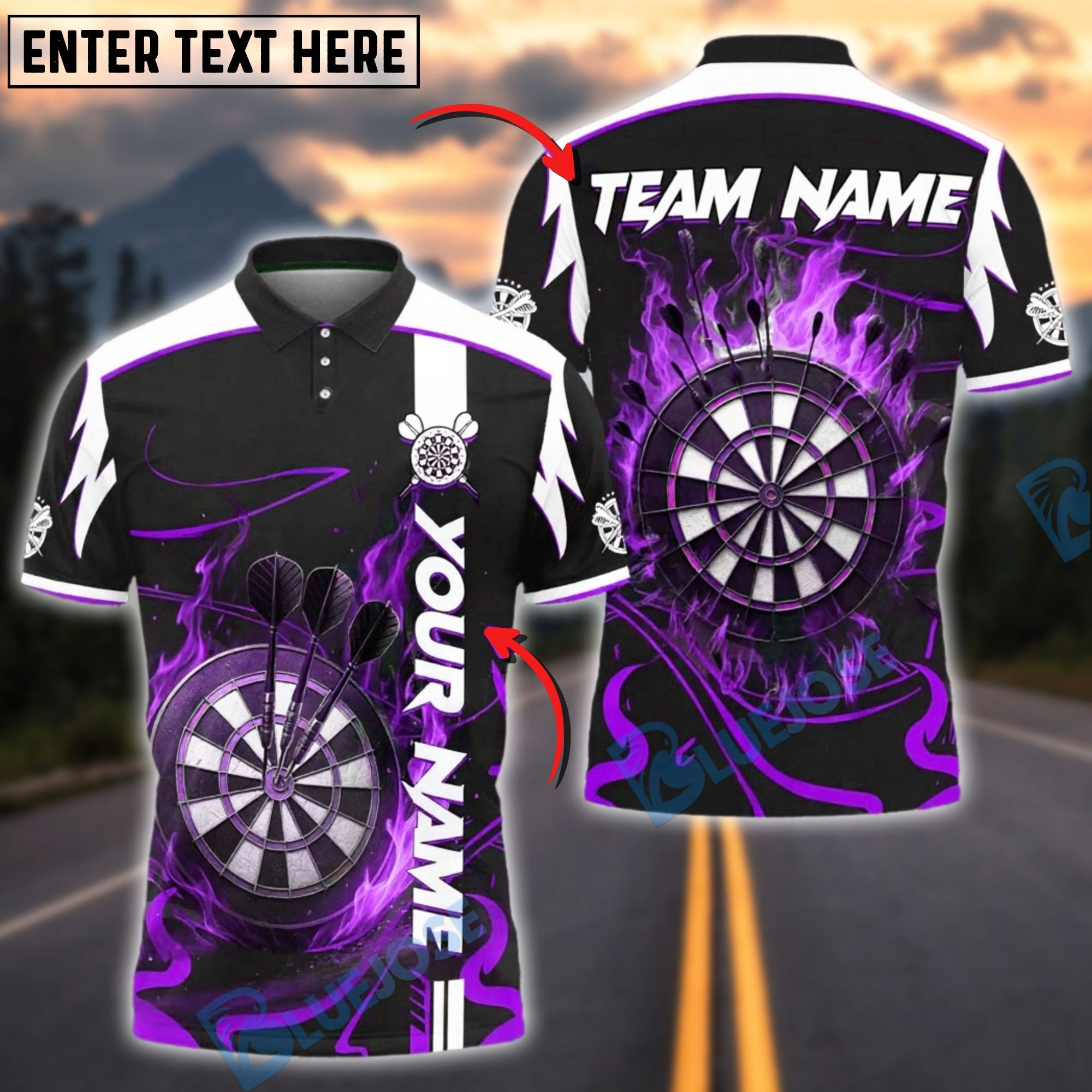 BlueJose Darts Flaming Dartboard Blaze Customized Name, Team Name 3D Shirt (4 Colors)