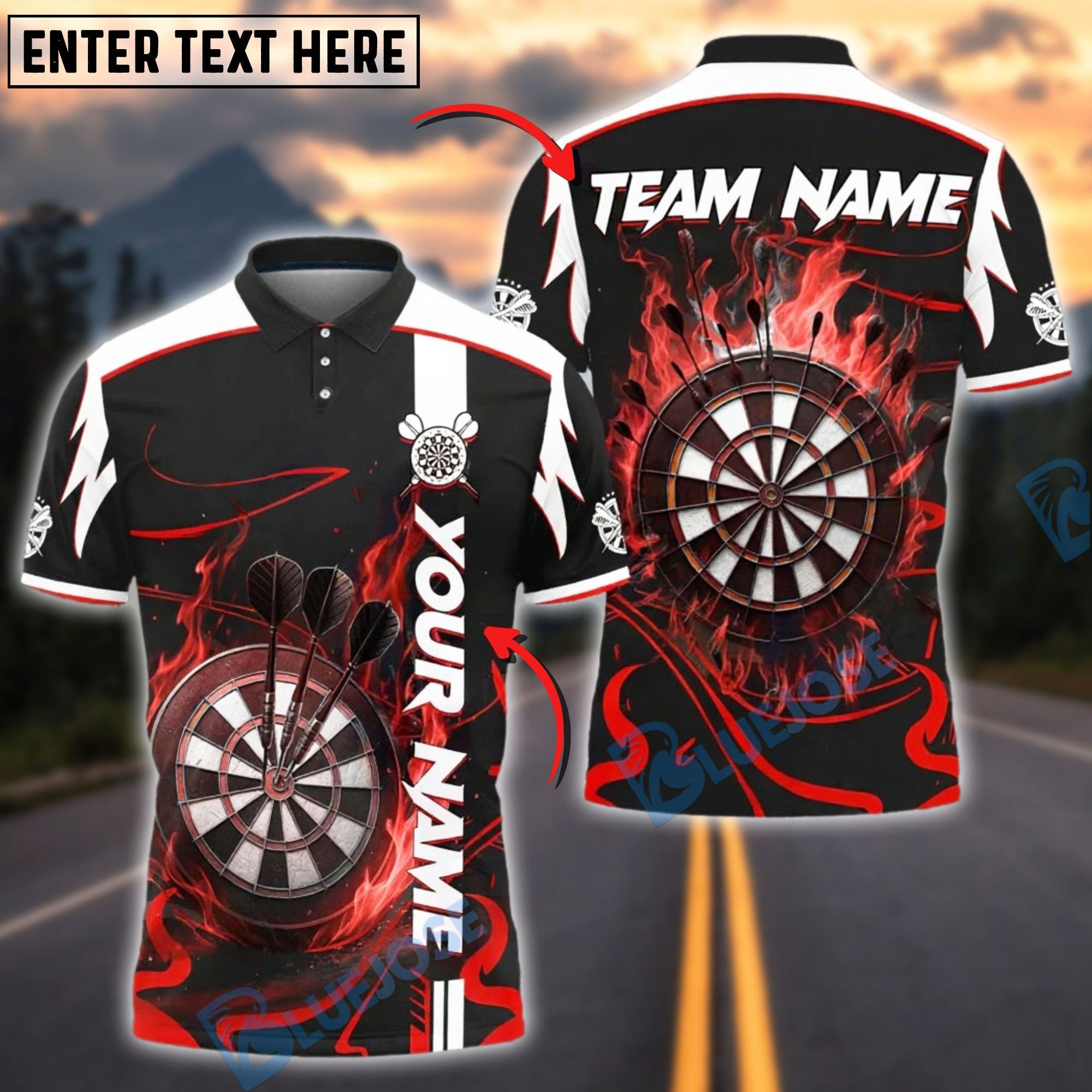 BlueJose Darts Flaming Dartboard Blaze Customized Name, Team Name 3D Shirt (4 Colors)