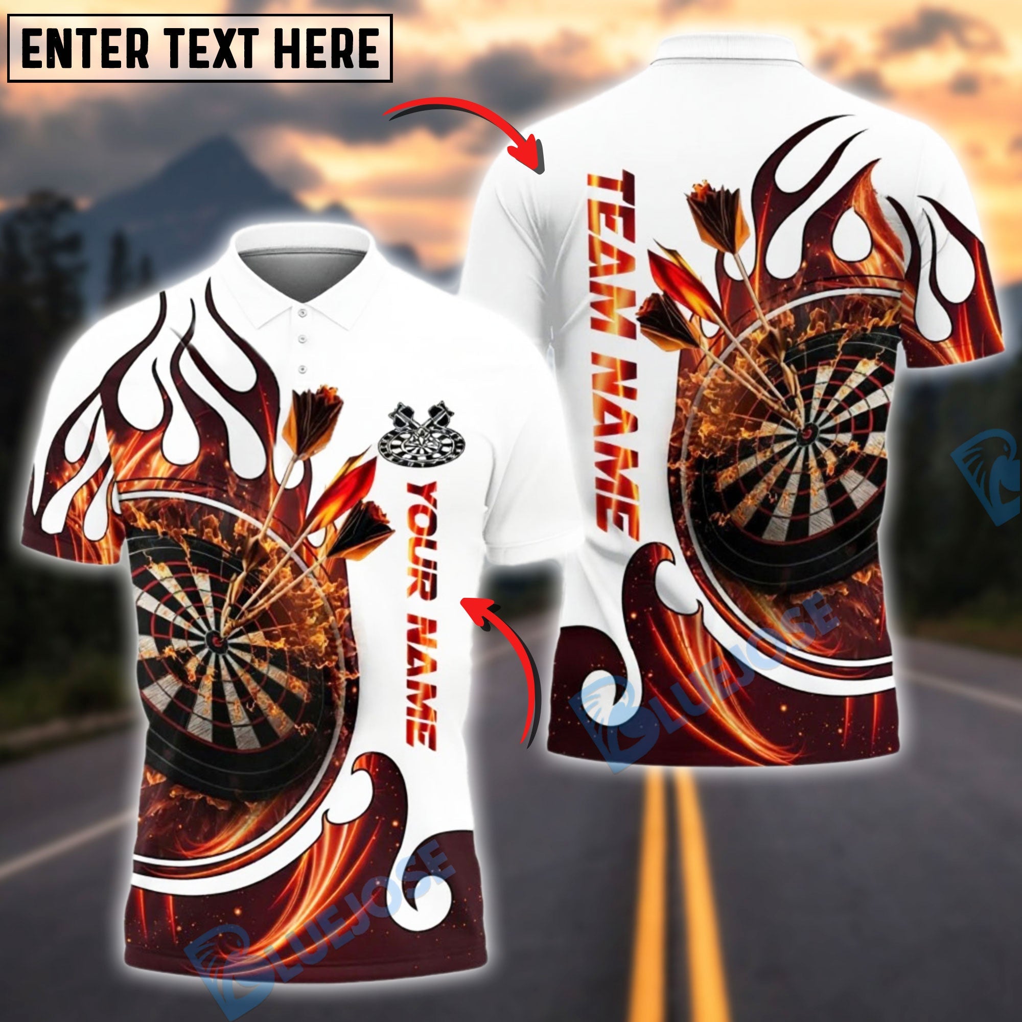 BlueJose Darts White Fire Dartboard Customized Name, Team Name 3D Shirt (4 Colors)