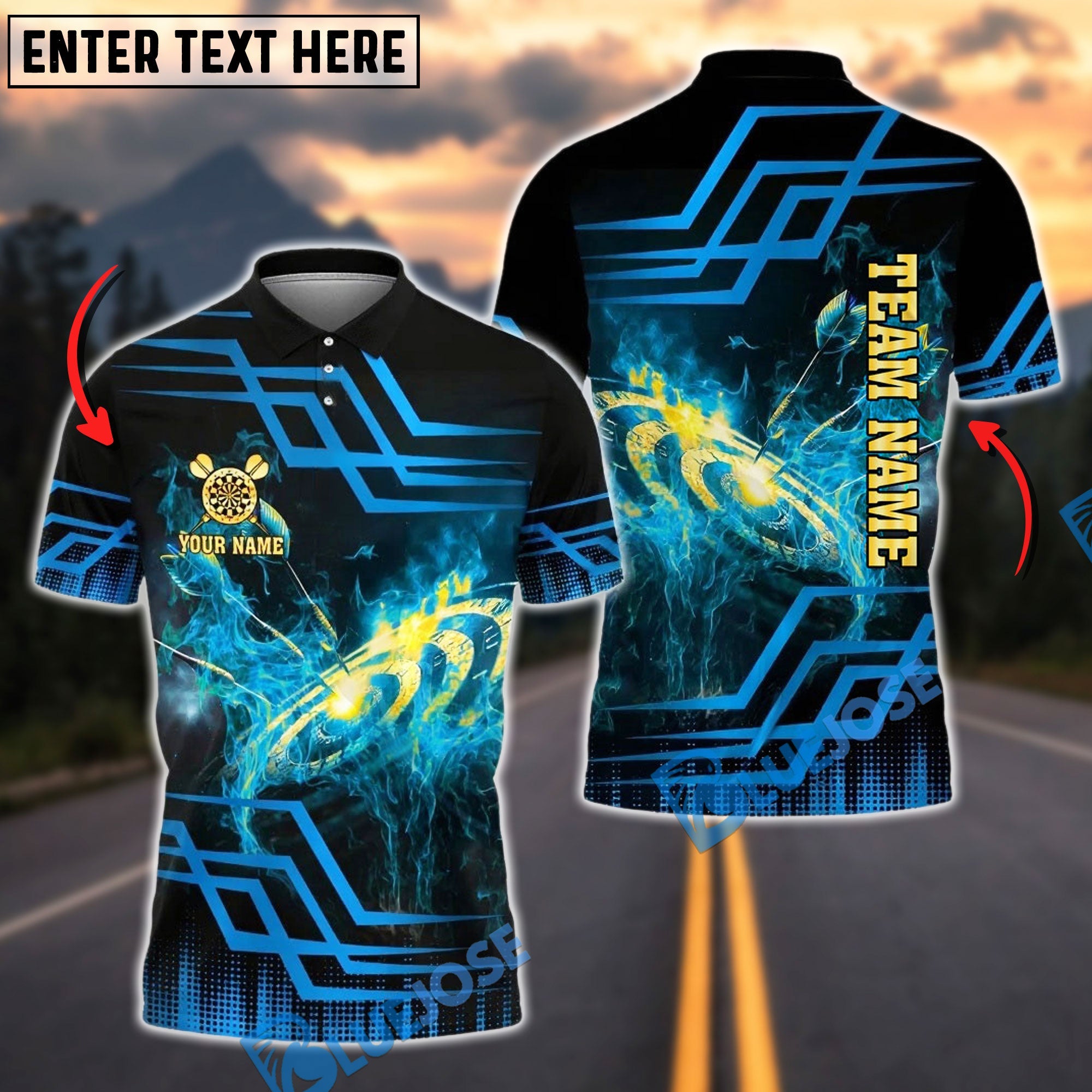 BlueJose Darts Flaming Dartboard Gold Geometric Customized Name, Team Name 3D Shirt (4 Colors)