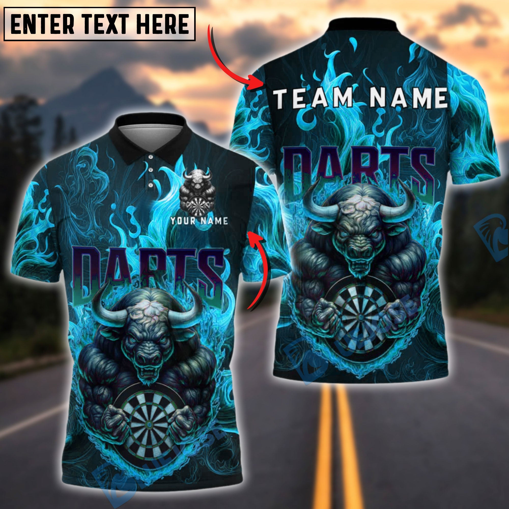 BlueJose Darts Fire Bull Mascot Flaming Dartboard Customized Name, Team Name 3D Shirt (4 Colors)
